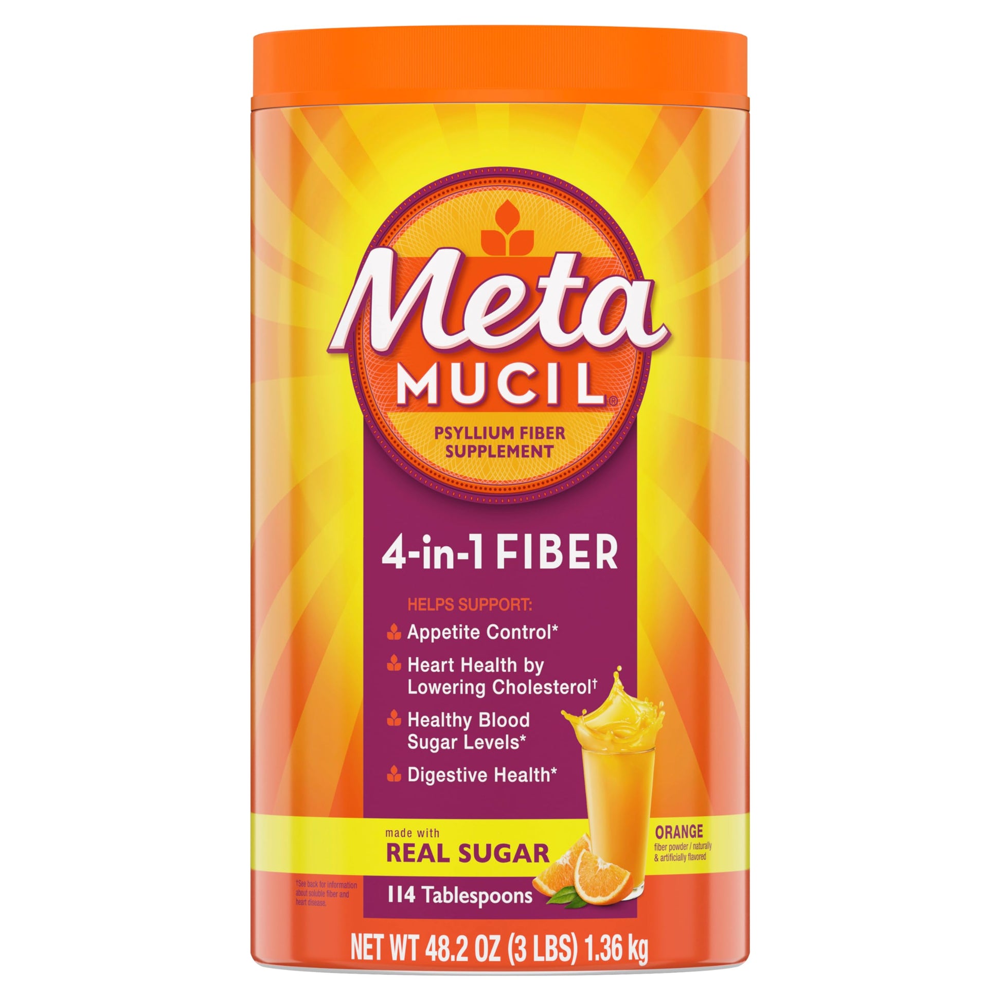 Metamucil 4-in-1 Psyllium Husk GLP-1 Friendly Fiber Supplement Powder, Orange Flavored, 48.2 oz