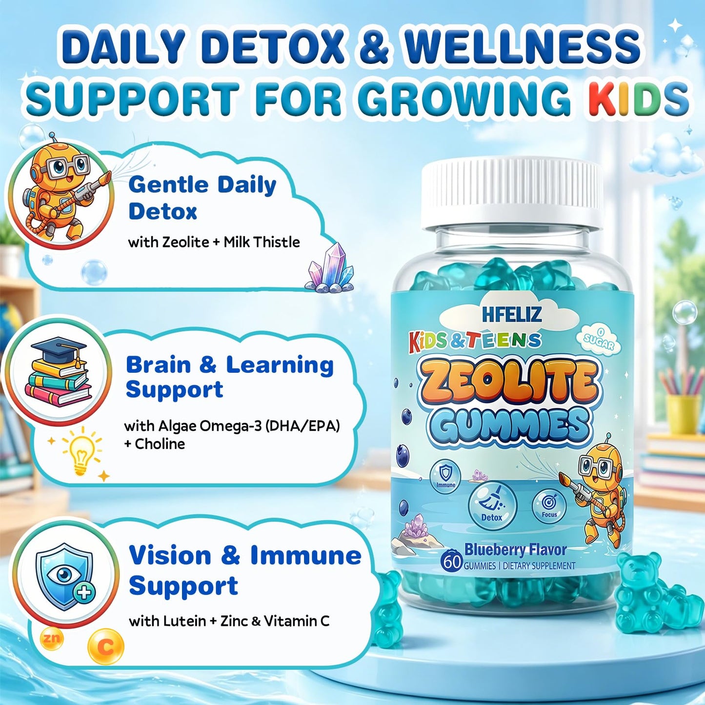 HFELIZ Zeolite Detox Gummies for Kids, Sugar-Free Cleanse Support, 60 Count
