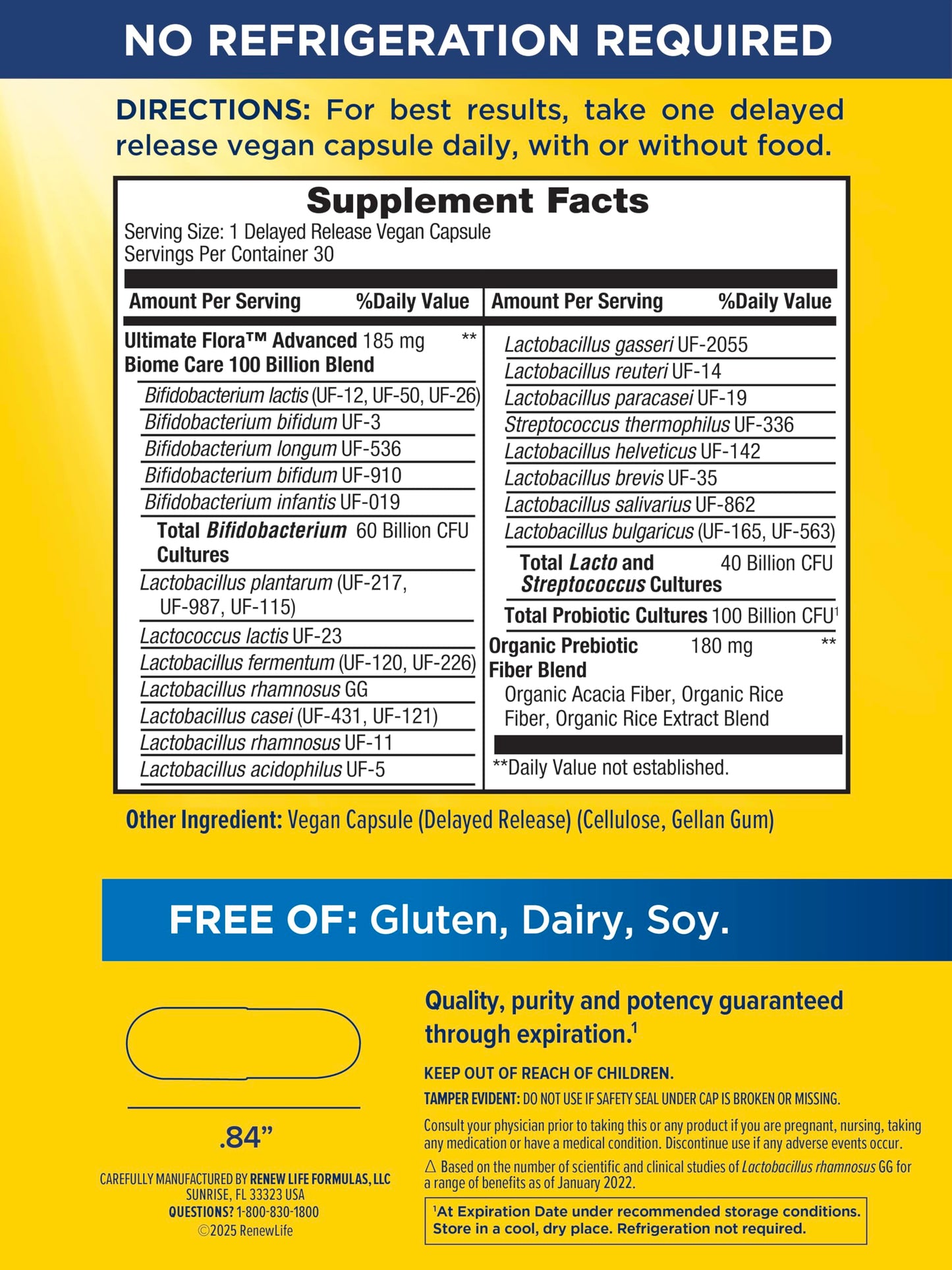 Renew Life Ultimate Flora Probiotics 100 Billion CFU Delayed Release Vegan Capsules, 30 Count