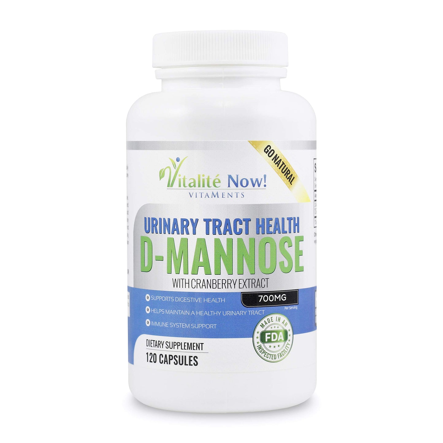 Vitalité Now! High Strength Pure D-Mannose with Cranberry Extract for UTIs, 120 Capsules