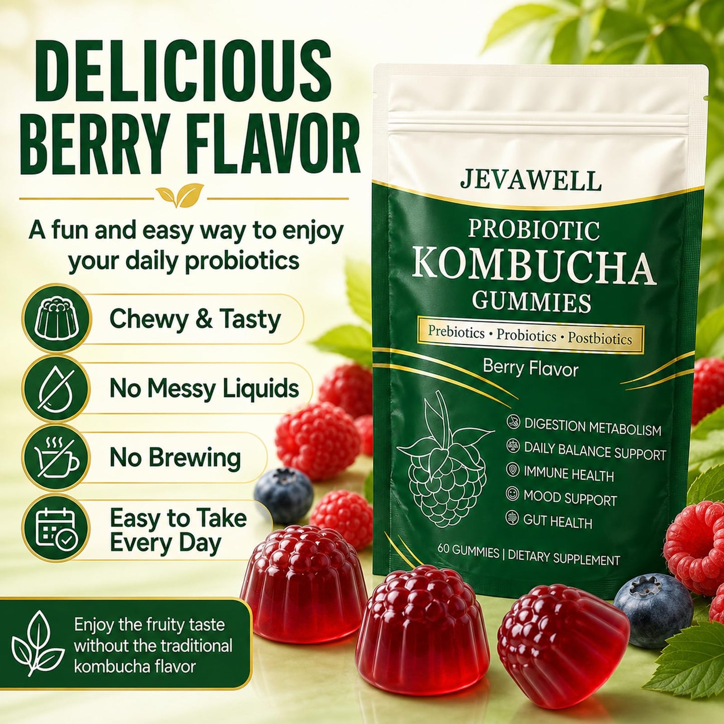 VivaMelhor Jevawell Kombucha Gummies Probiotic Digestive Health Supplement with Organic Prebiotics for Gut Health, Immune Boost, and Natural Energy – Vegan, Non-GMO, Gluten-Free, 120 Gummies (Pack of 2)