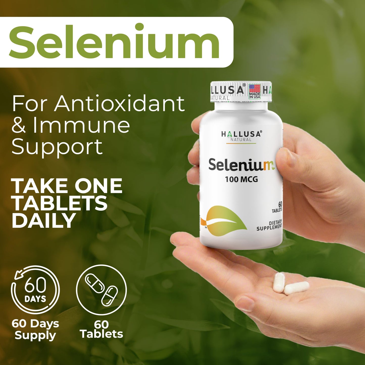 Hallusa Natural Selenium 100 mcg Tablets, 60 Count