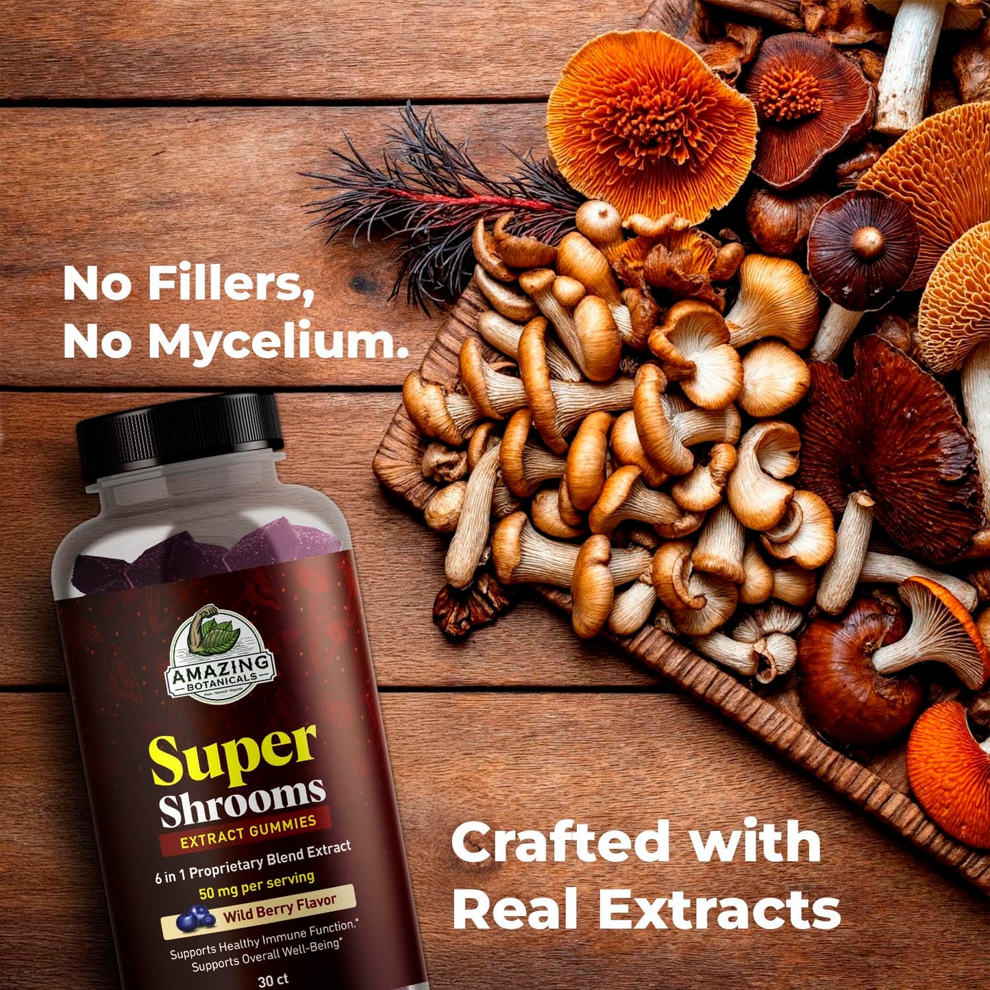 Amazing Botanicals Organic Super Shrooms 6-in-1 Mushroom Supplement Gummies 30 Count