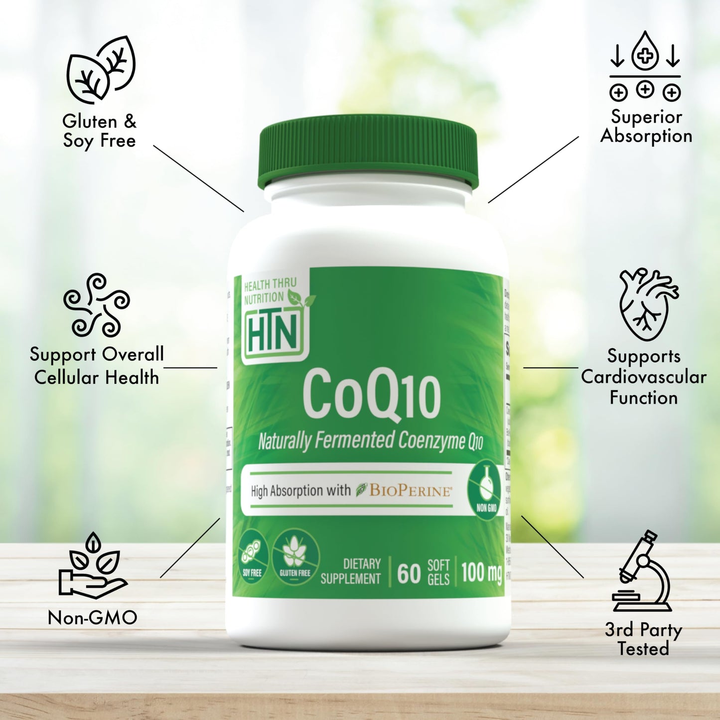 Health Thru Nutrition CoQ-10 100mg with BioPerine Softgels, 60 Count