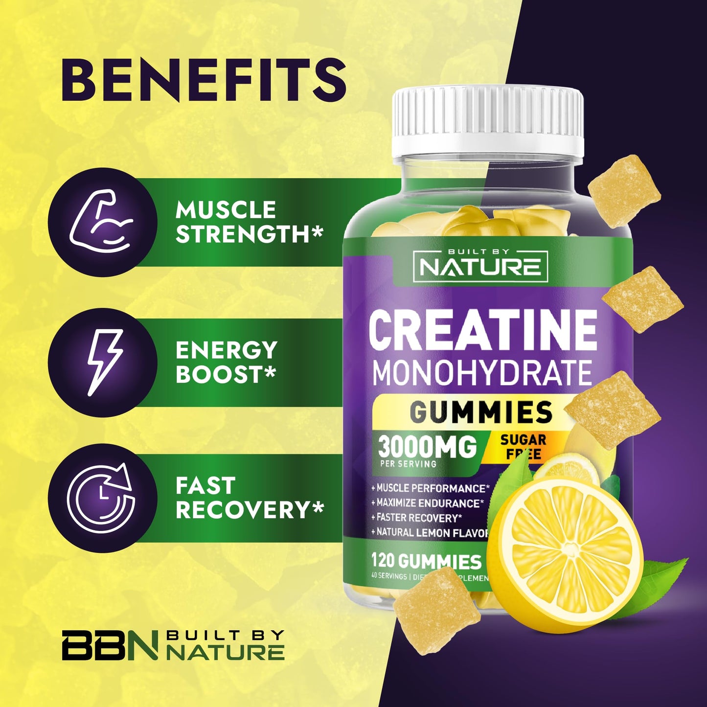 Built by Nature Sugar Free Creatine Monohydrate Gummy, 120 Gummies