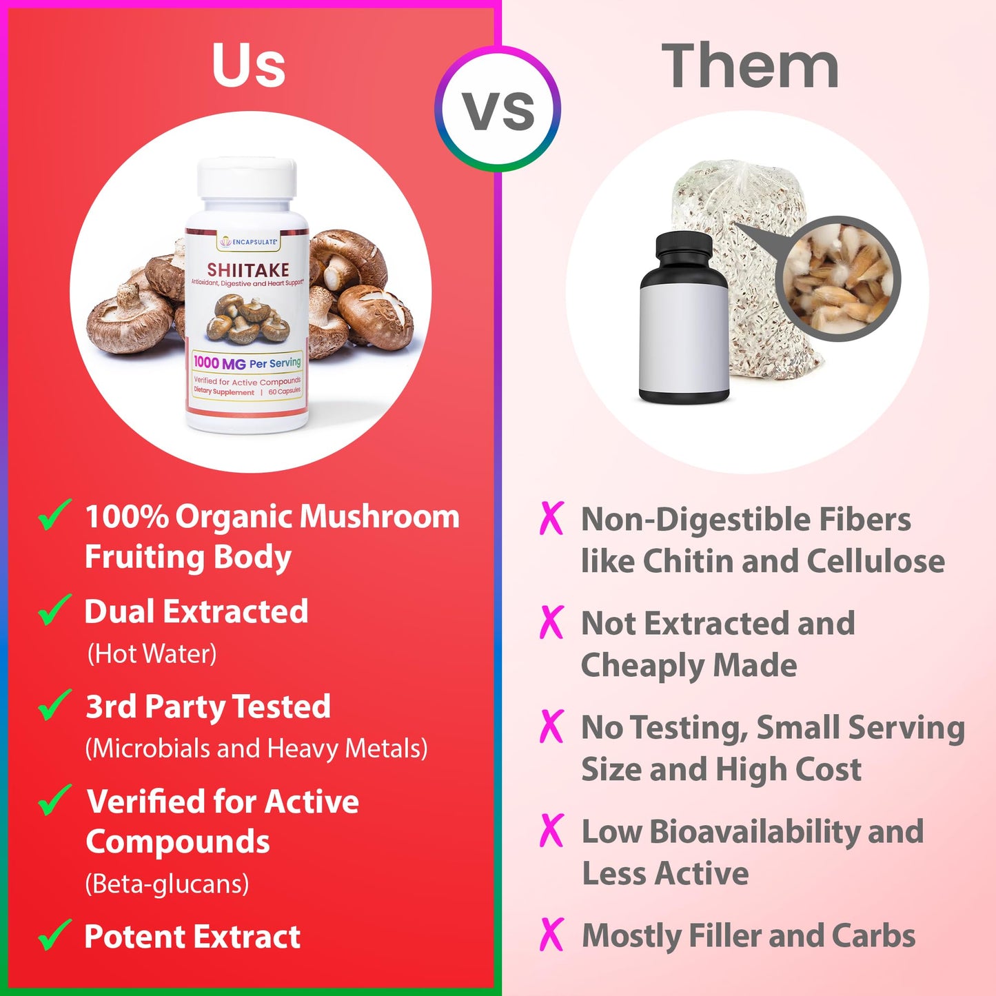 ENCAPSULATE Shiitake Capsules 1000mg – Premium Organic Fruiting Body 1:1 Extract – Adaptogen Mushroom Supplement for Heart Health, Vitality & Immune Support – 60 Count