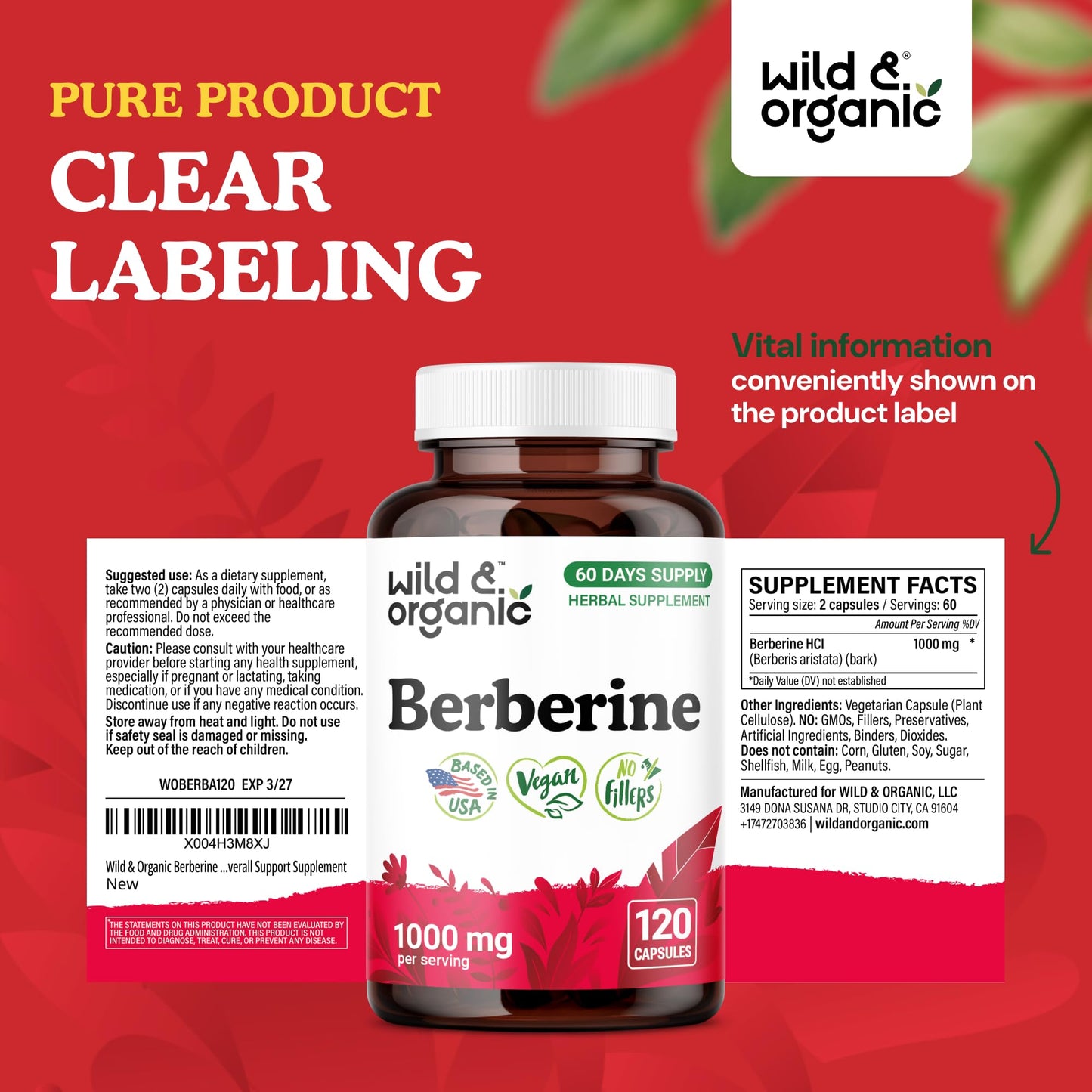 Wild & Organic Berberine Supplement Capsules 120 Count