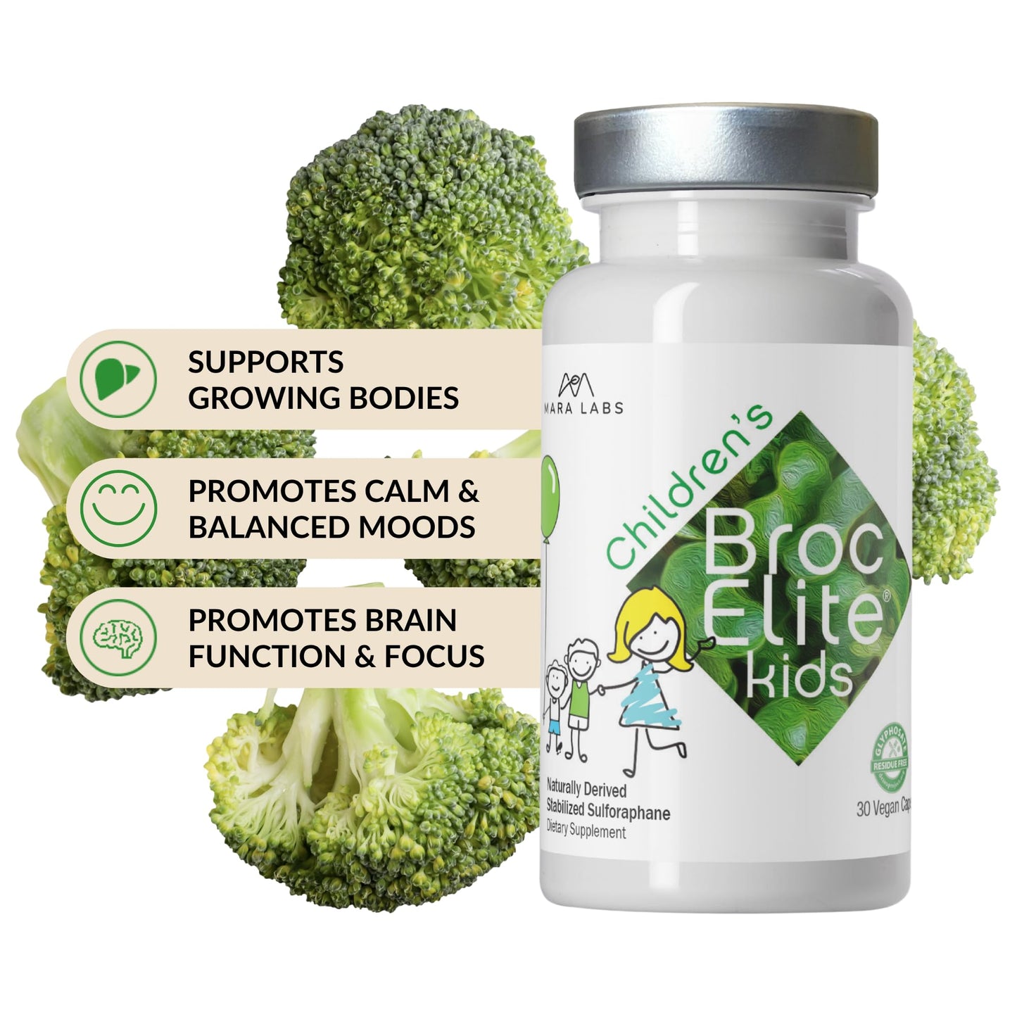 BrocElite Mara Labs Kids Broccoli Supplement with Sulforaphane Extract, No Glyphosate Residue, 30 Capsules