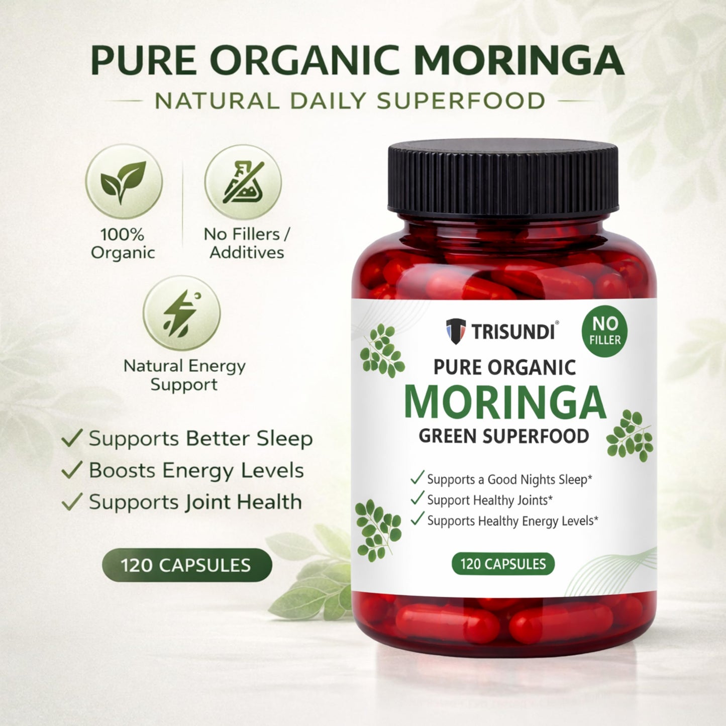 Trisundi Organic Moringa Capsules 600mg, 120 Capsules