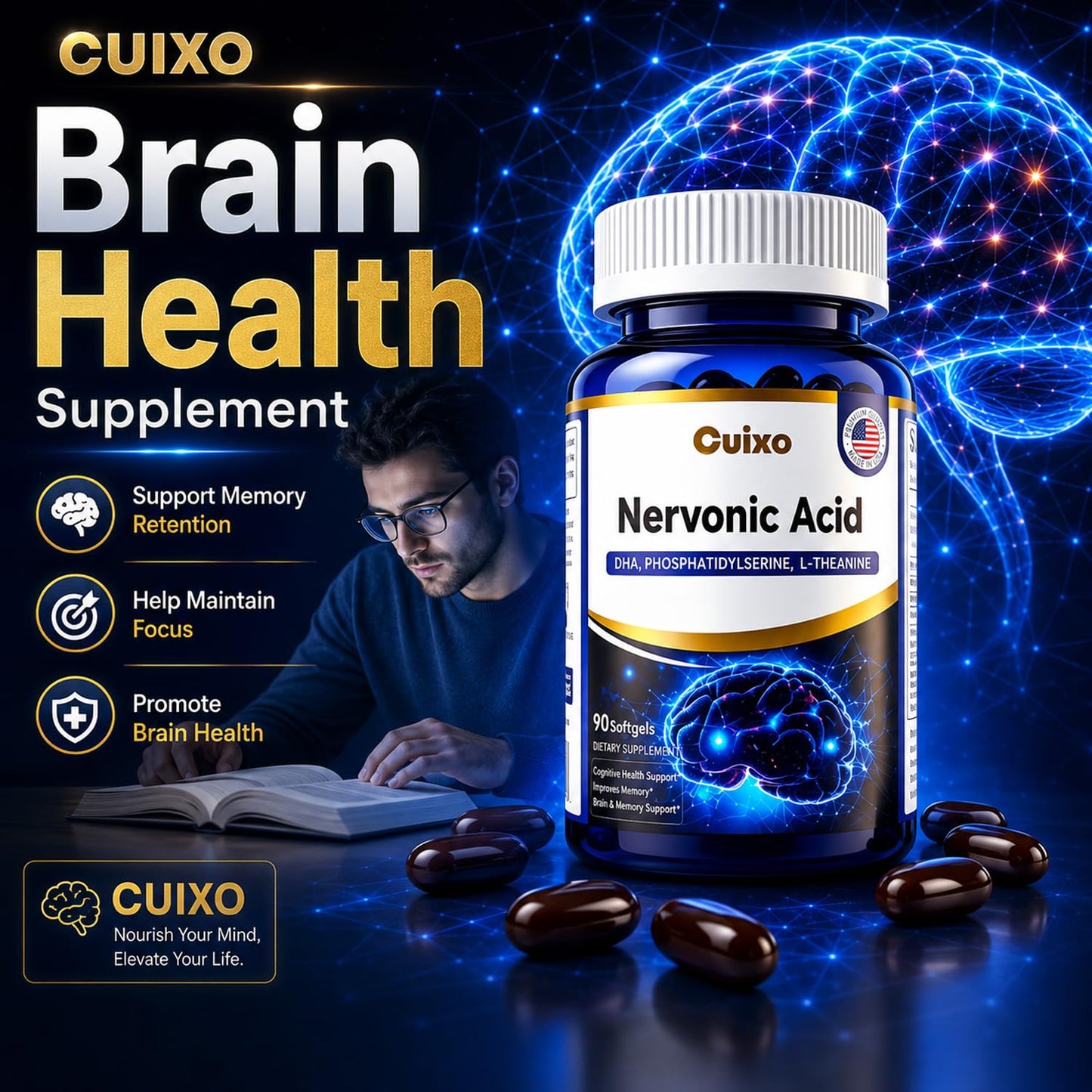 CUIXO Brain Supplement Memory & Focus, Nootropic Support with Phosphatidylserine Softgels 90 Count