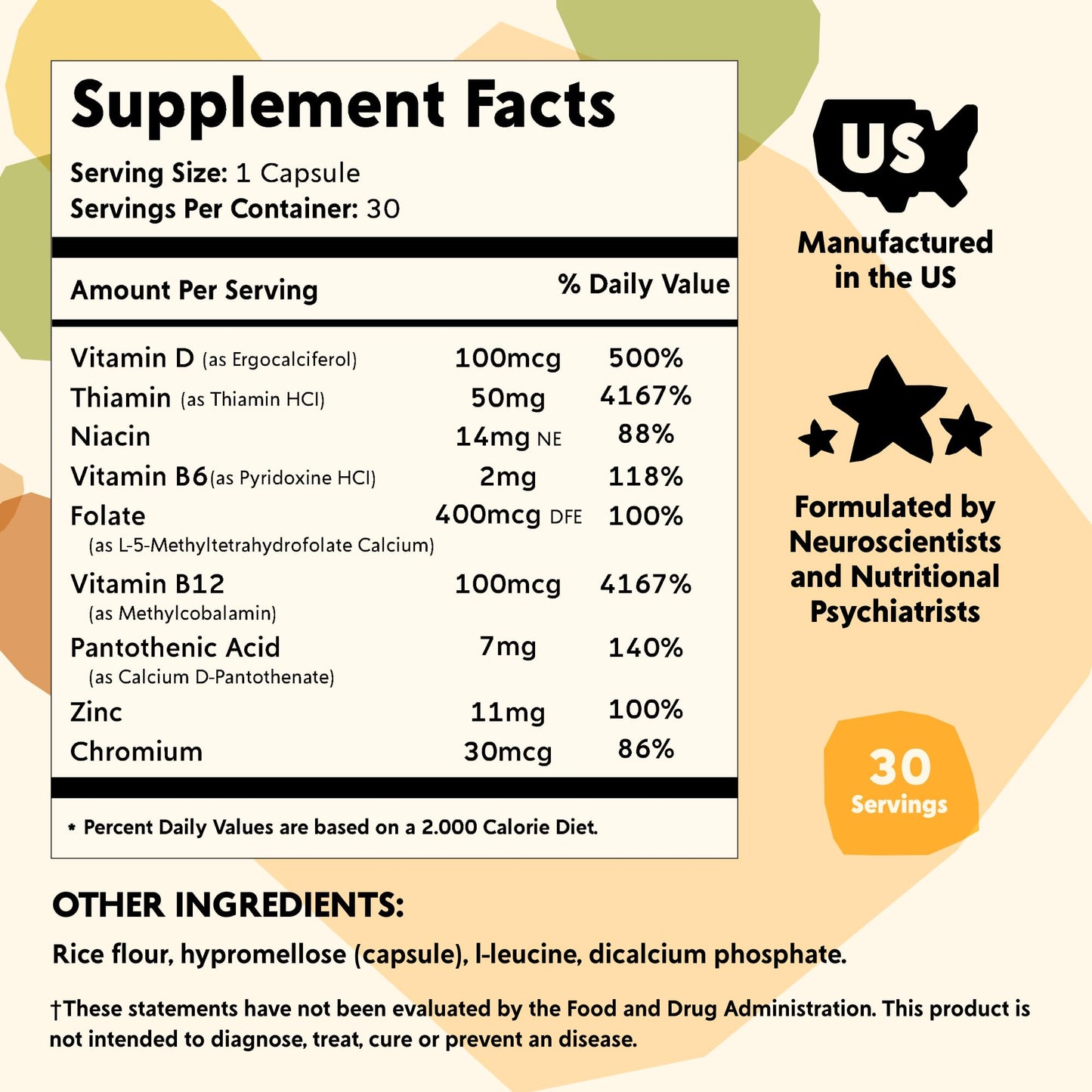 PYM Health Vitamin B Complex Mood Support Supplement Capsules 30 Count