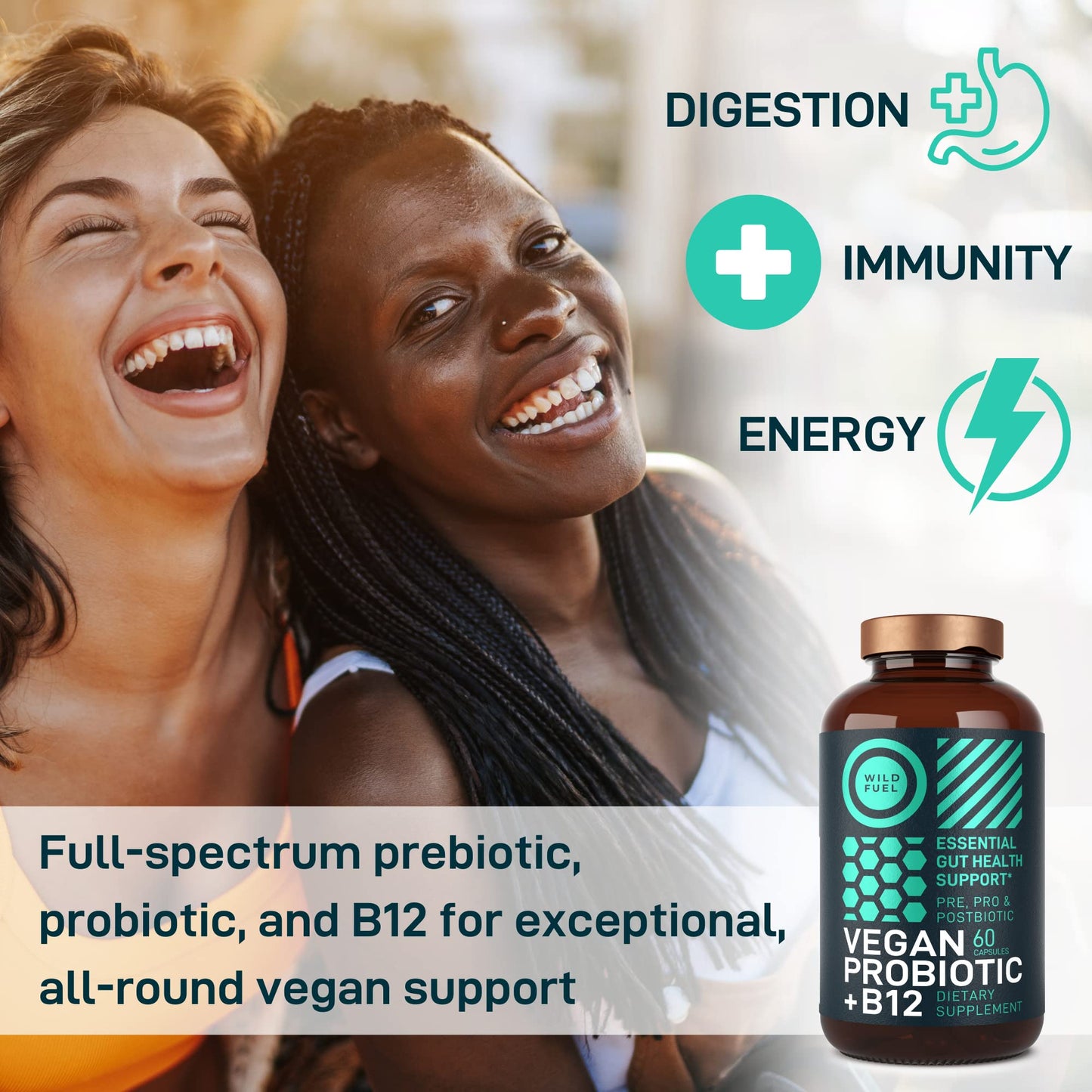 Wild Fuel Vegan Probiotic Plus B12 & FOS 22 Billion CFU Synbiotics Prebiotics and Probiotics for Digestive Health, IBS, Mood Support - B12 Pre Pro Post Biotics for Women & Men - 60 Capsules