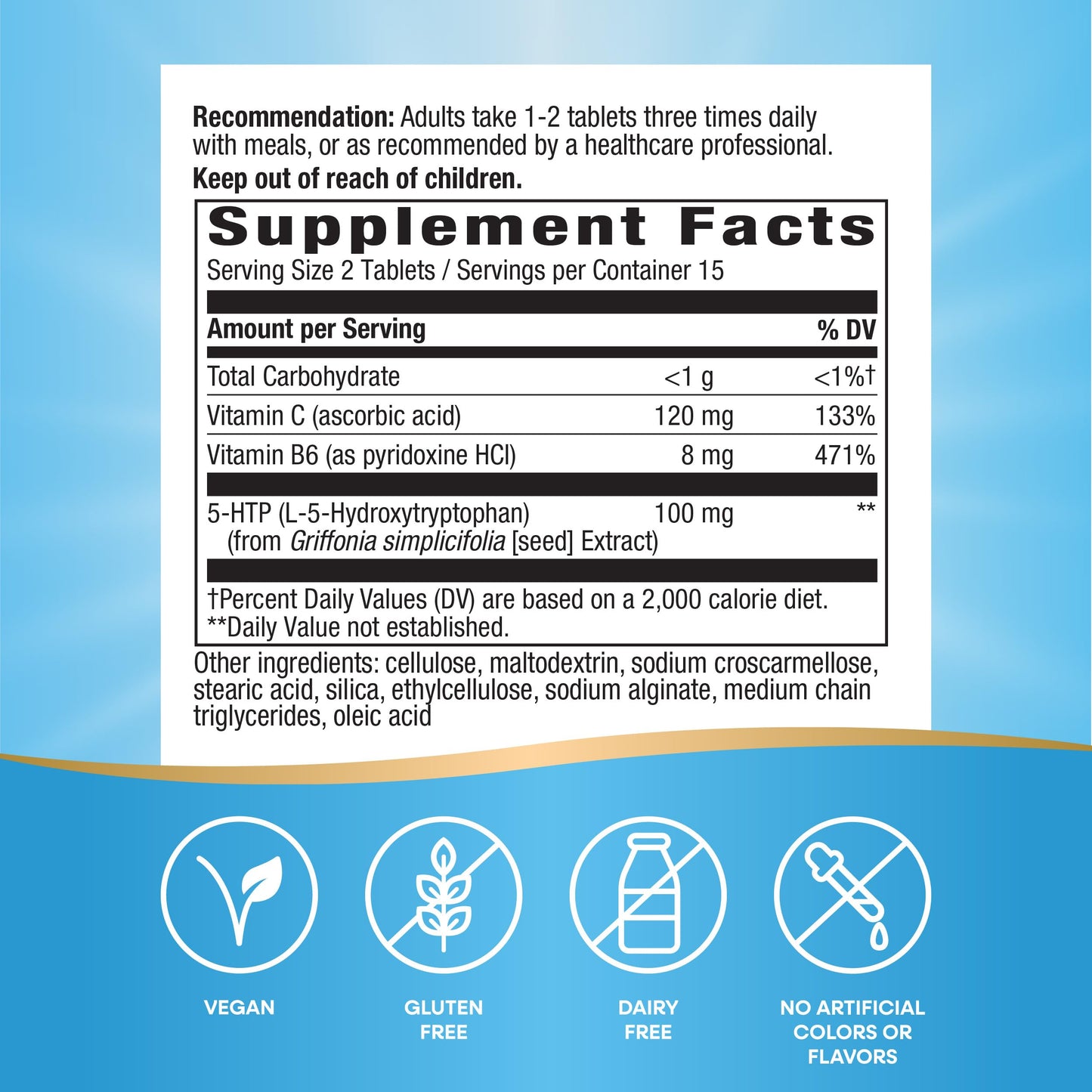 Nature's Way 5-HTP L-5-Hydroxytryptophan Vitamin B6 + Vitamin C + Griffonia Bean Extract Tablet, 30 Count