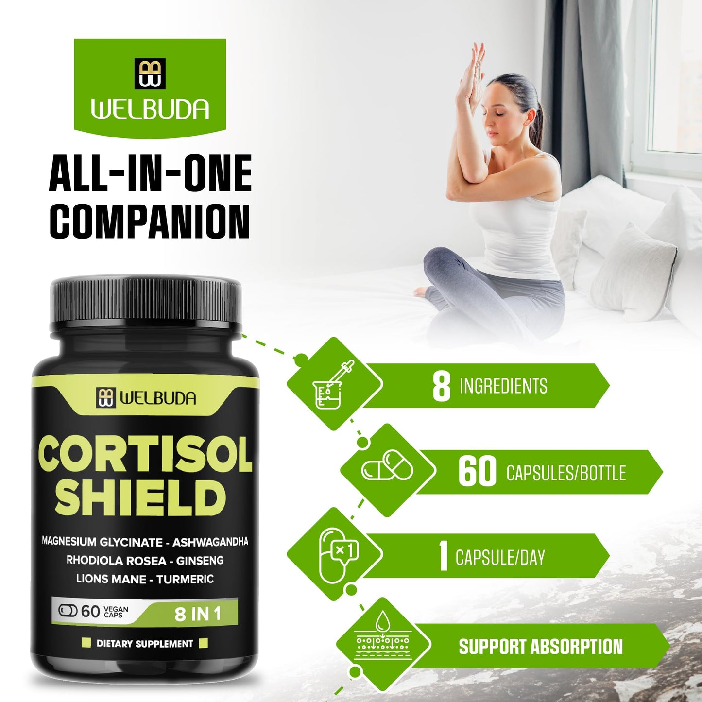 WELBUDA 8in1 Cortisol Shield Capsule, 60 Count