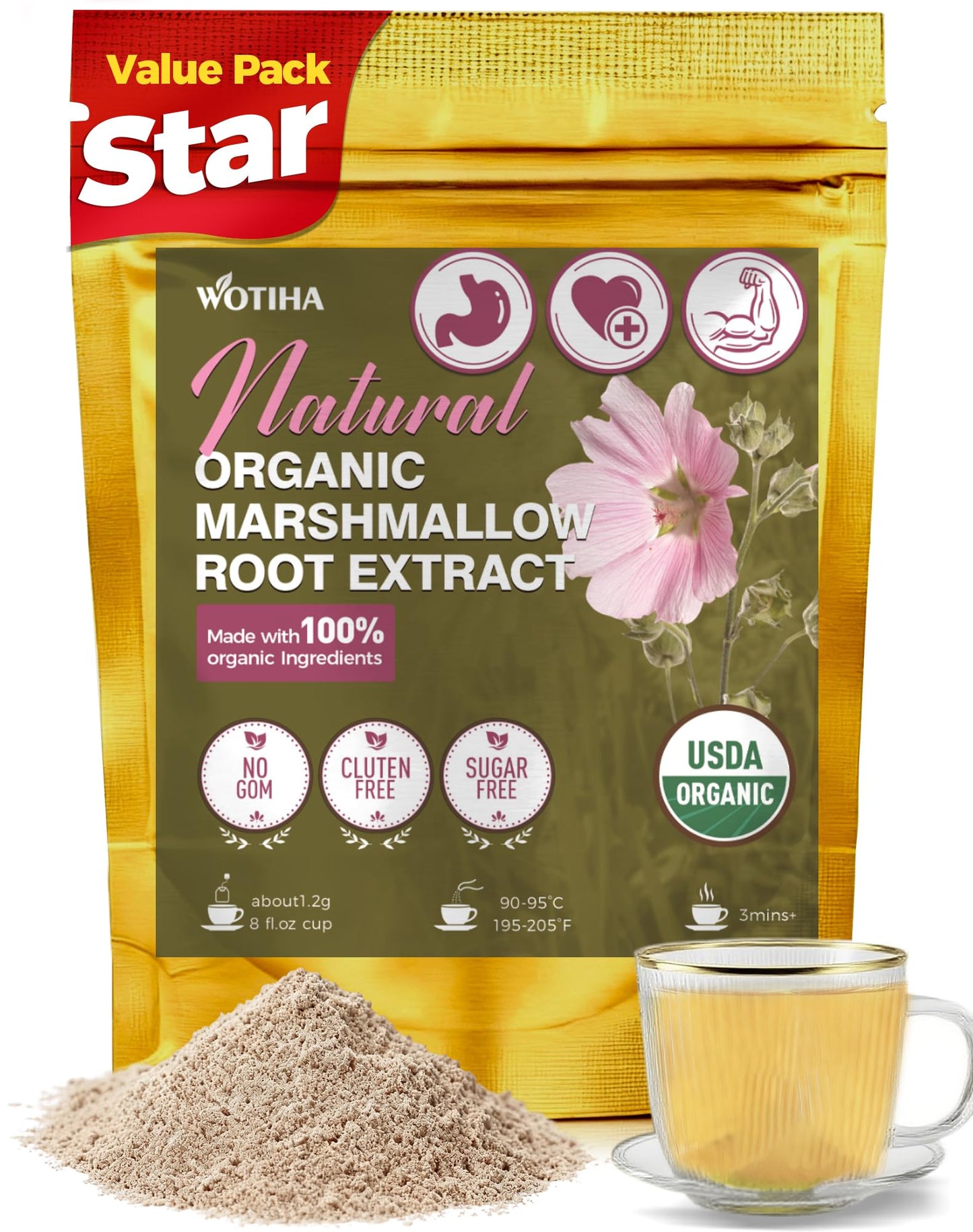 WOTIHA Organic Marshmallow Root Extract Powder, 9.5 oz (271 g), Non-GMO