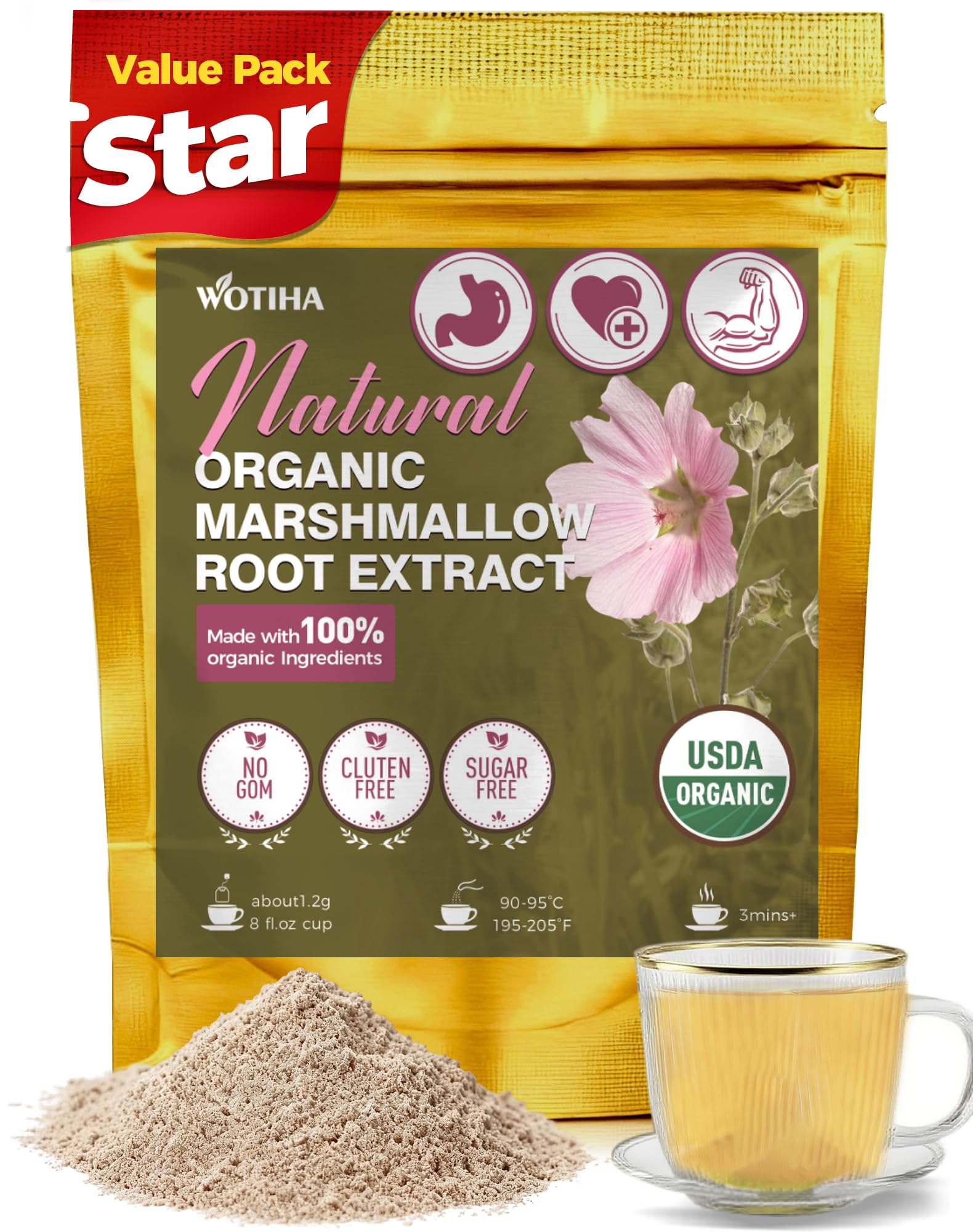 WOTIHA Organic Marshmallow Root Extract Powder, 9.5 oz (271 g), Non-GMO