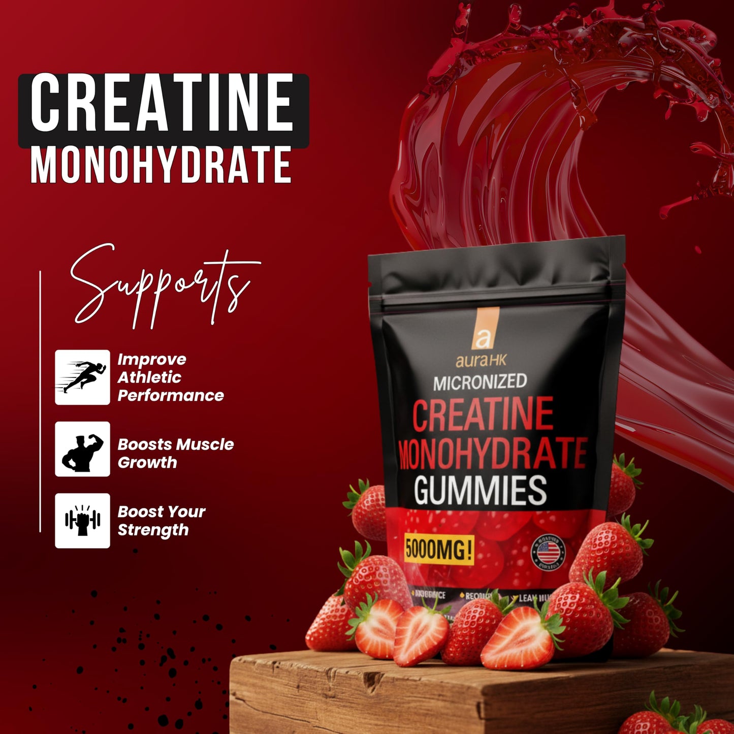 aura HK Creatine Monohydrate Gummies 5000mg, 120 Gummies