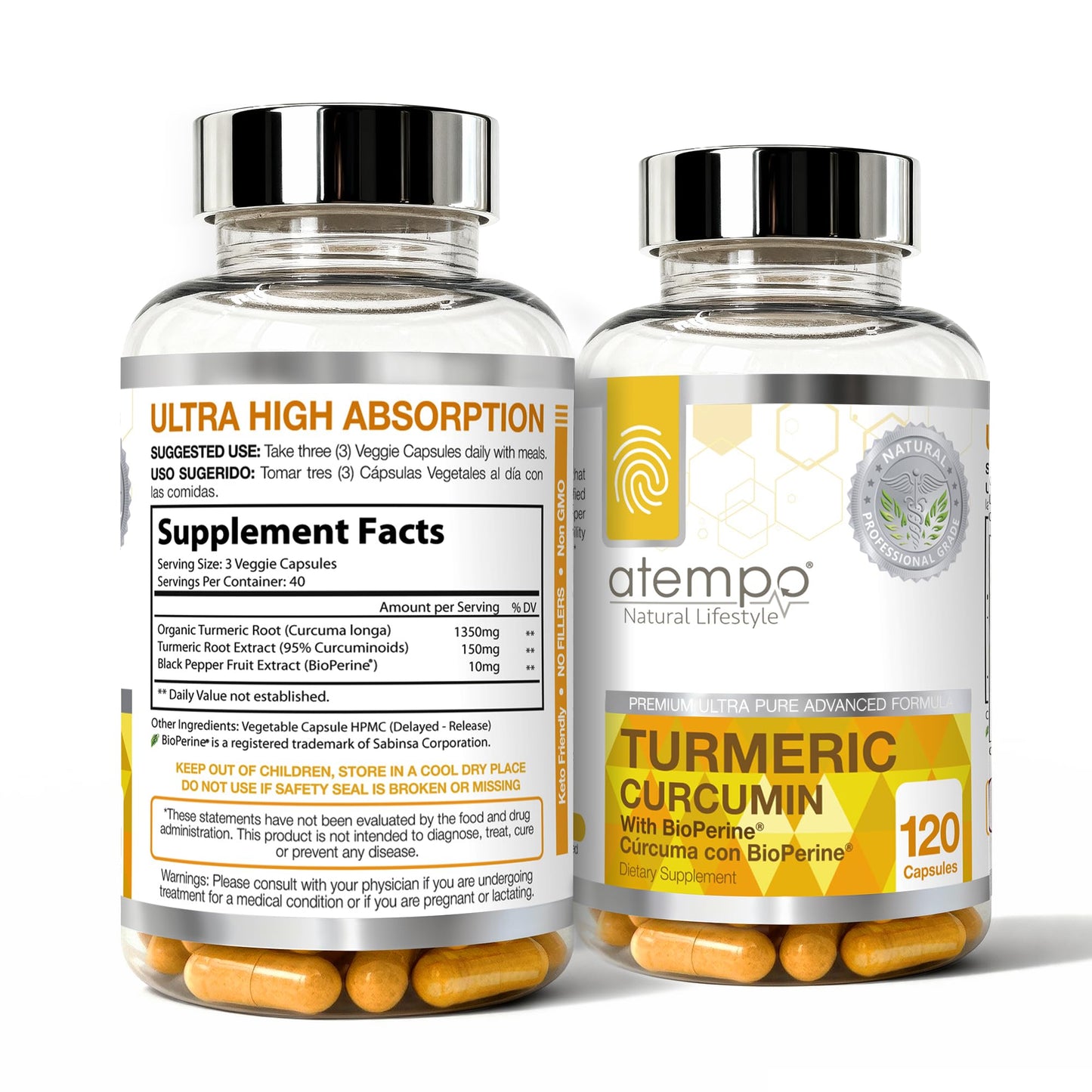 ATEMPO NATURAL LIFESTYLE Turmeric Curcumin Supplement with Black Pepper Extract 1500mg – Absorption, Supports Joint Health – Non-GMO, 120 Capsules