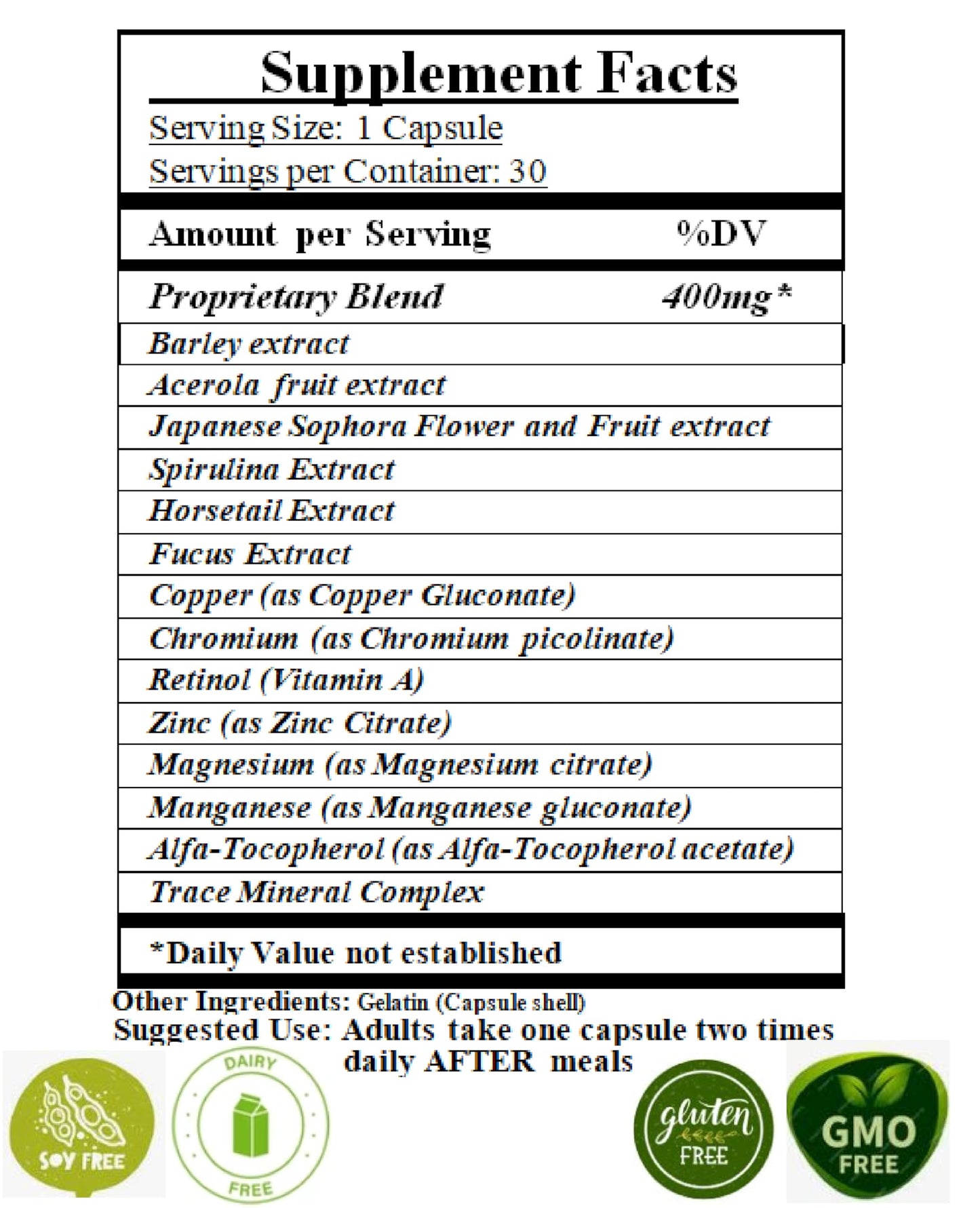 Generic VIMITSIN Natural Antioxidant, Trace Minerals Enhanced Complex, Immune Support Zinc, Copper, Vitamins A, C, D, E, Spirulina, Barley, Horsetail Extracts Softgel 60