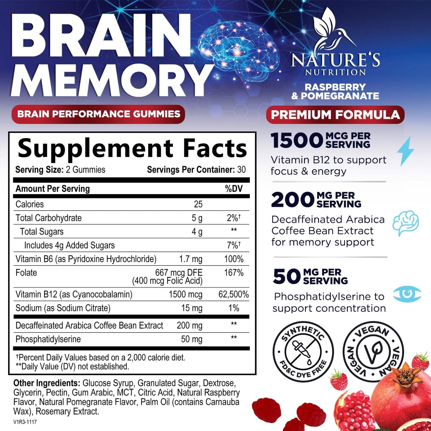 Nature's Nutrition 3X Strength Brain Health Gummies with B6 B12 & Phosphatidylserine, 60 Count