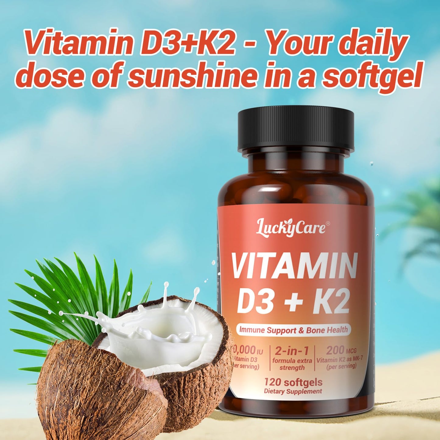 Luckycare Vitamin D3 K2 10000 IU Plus K2 (MK-7) 200 mcg Softgels, 120 Count