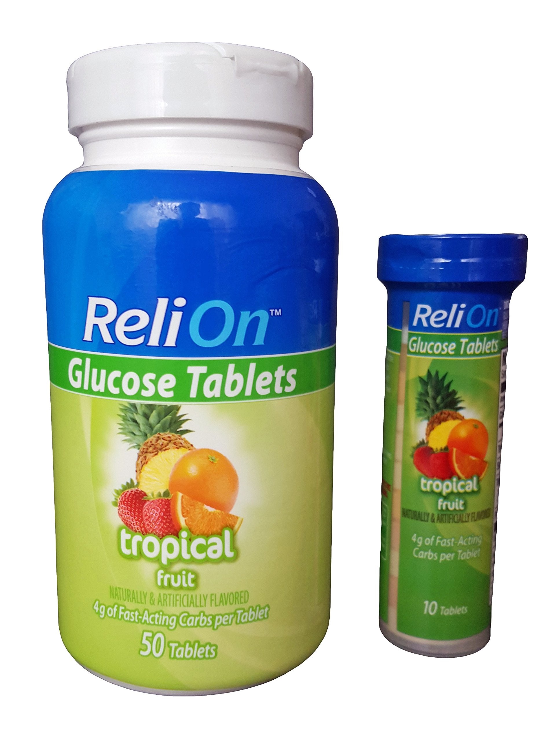 Reli On Glucose Tablets, 50 Tablets with On-The-Go Tube, 10 Tablets, Tropical Fruit