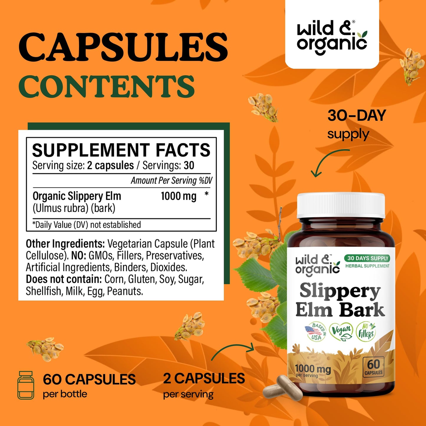 Wild & Organic Slippery Elm Capsules 1000 mg, 60 Count