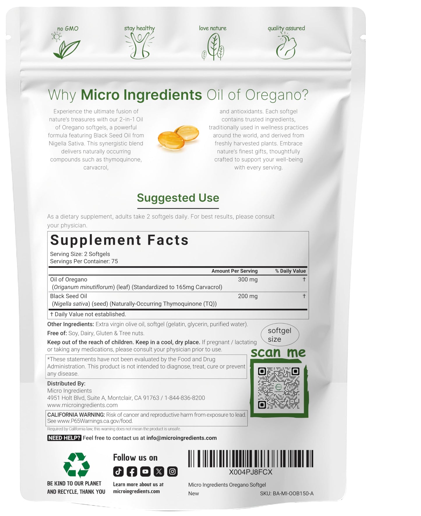 Micro Ingredients Oil of Oregano Softgel, 150 Count
