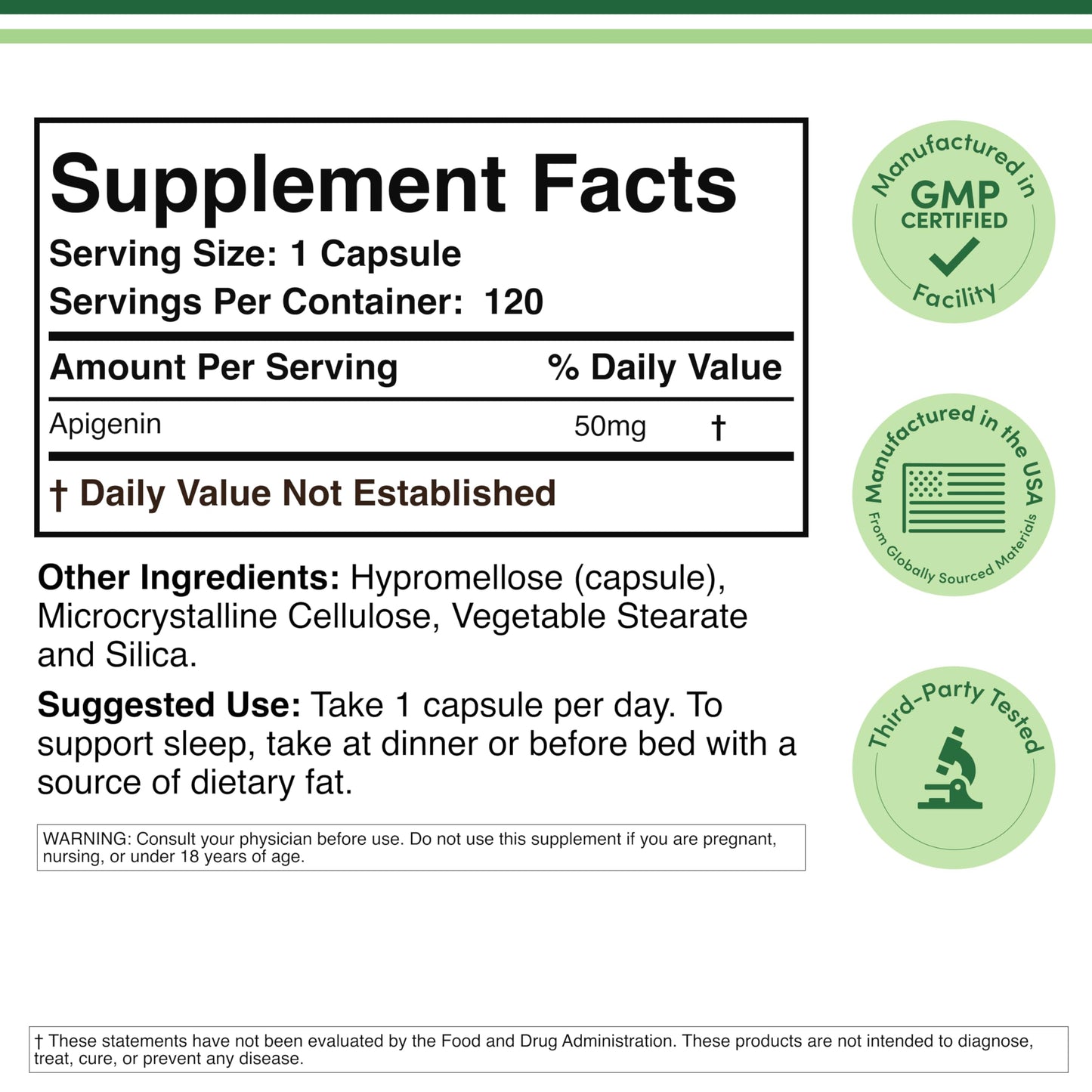 Double Wood Supplements Apigenin 50mg Capsule, 120 Count