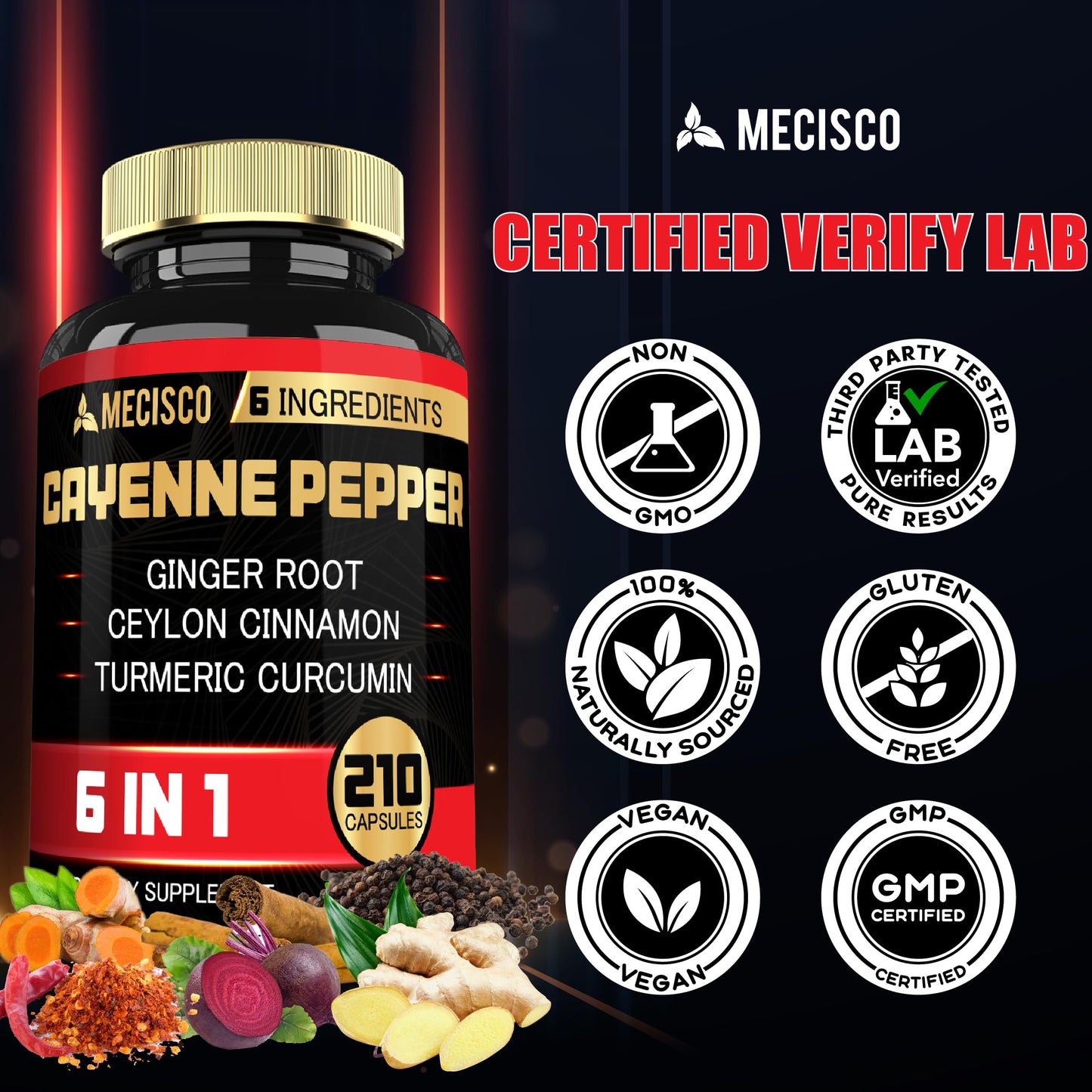 Mecisco 6in1 Cayenne Pepper Extract Capsules with Organic Turmeric Curcumin Root, Black Pepper, and More, 210 Capsules
