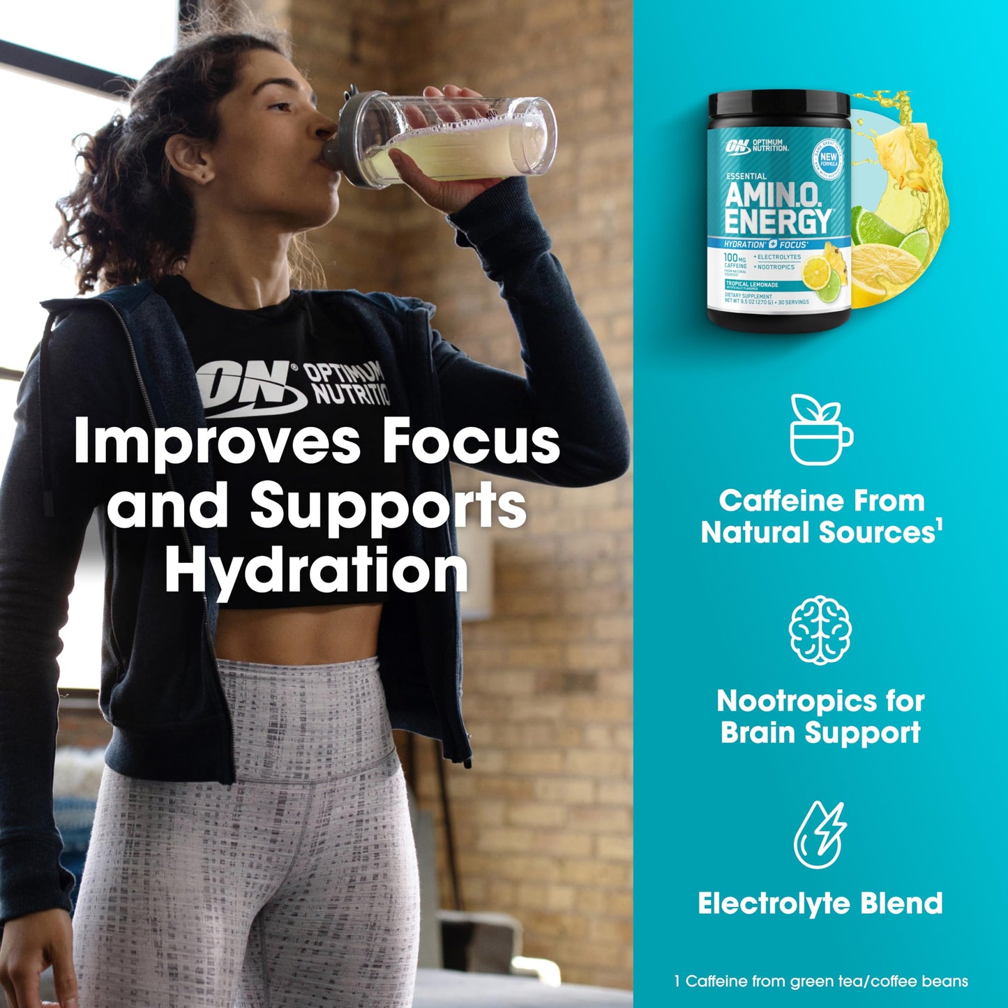 Optimum Nutrition Amino Energy Powder Plus Focus, Tropical Lemonade, 9.5 Ounce