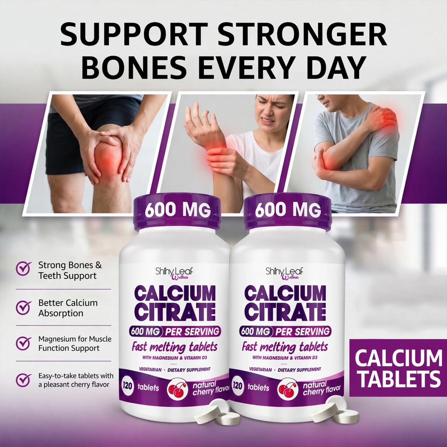 Shiny Leaf Calcium Citrate 600mg with Magnesium, Cherry Flavor, 240 Tablets