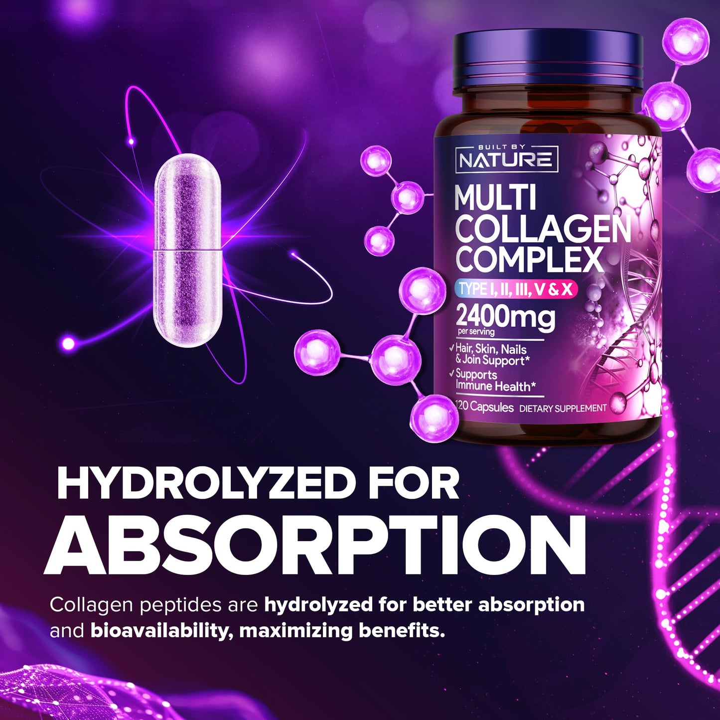 Built by Nature Multi Collagen Peptides Complex Supplement for Women Capsules, 120 Count