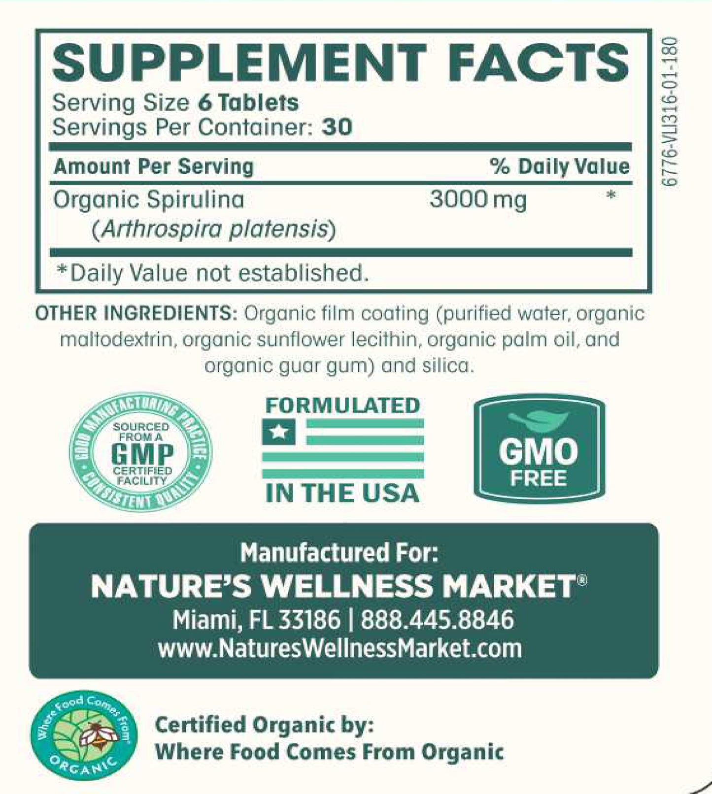 Natures Wellness USDA Organic Spirulina Tablets 180 Count