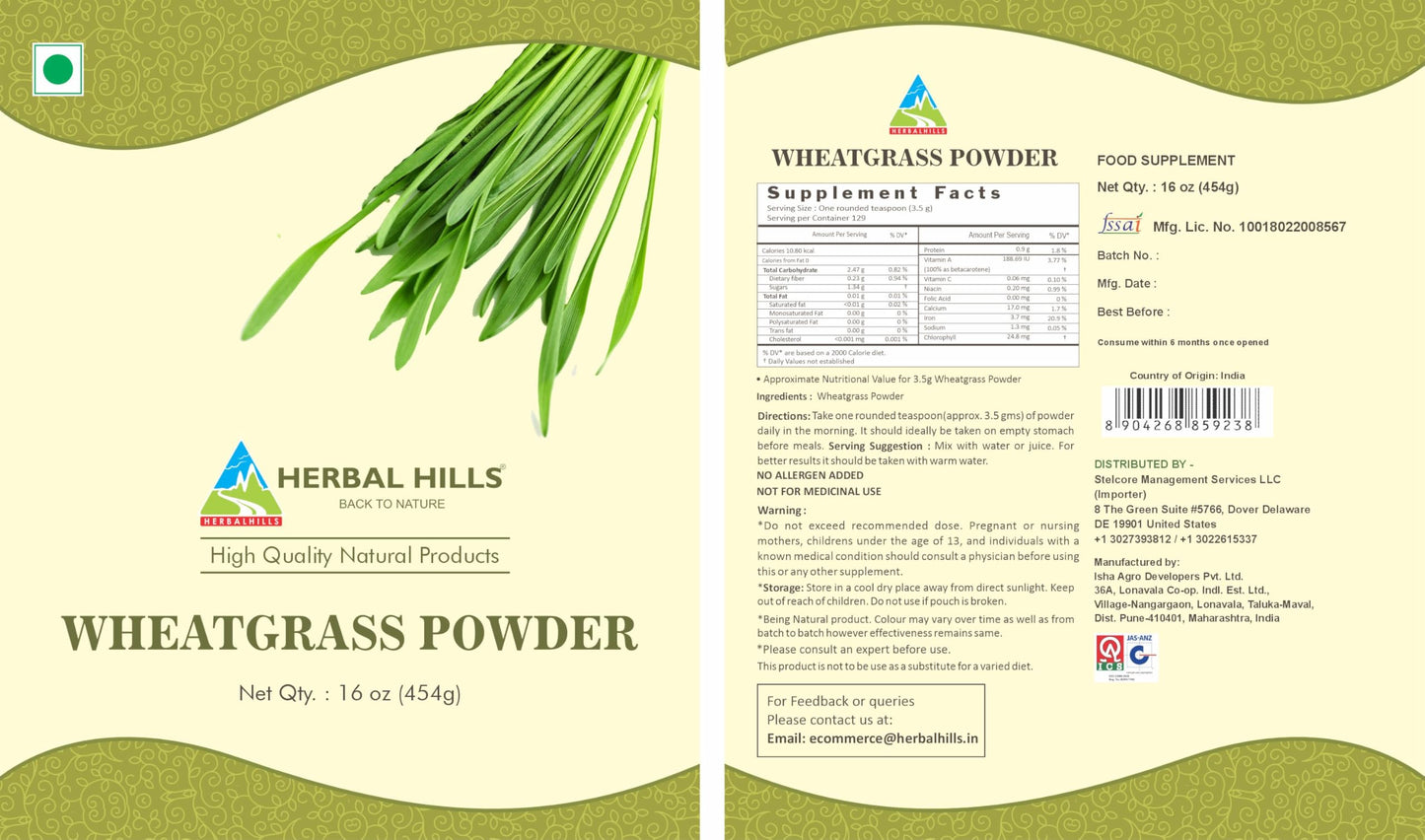 HERBAL HILLS Wheatgrass Powder 16 oz