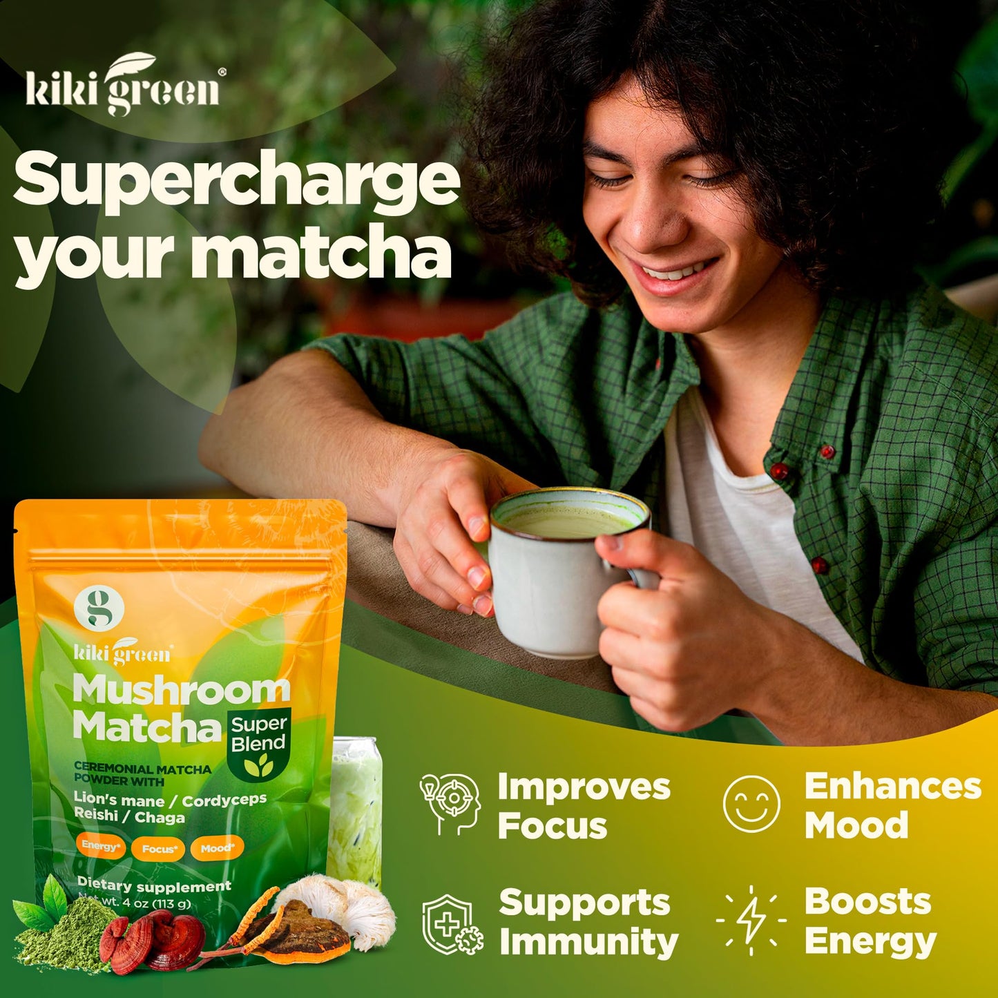 KIKI Green Mushroom Matcha Powder Super Blend 4 oz