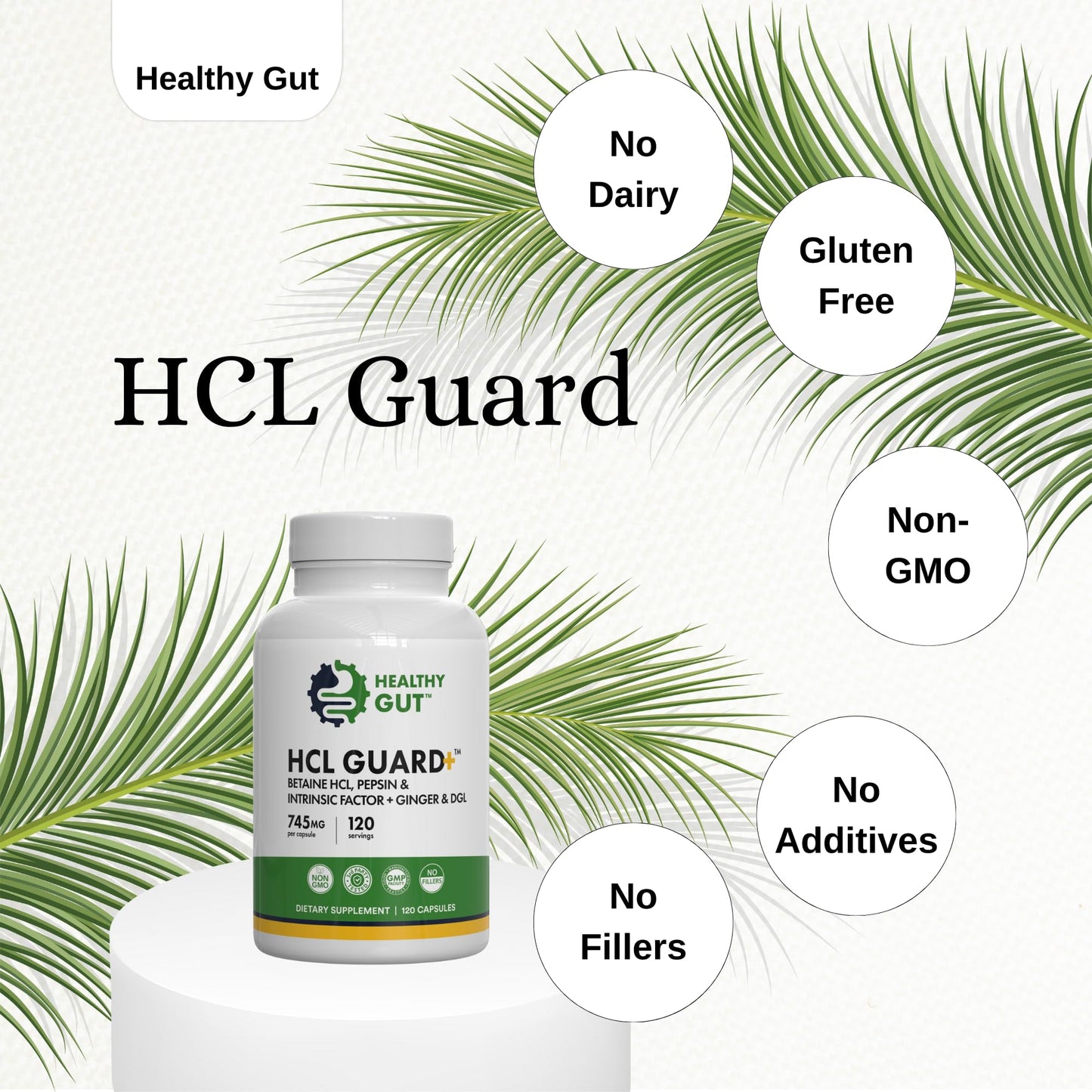 Healthy Gut HCL Guard Betaine HCl with Pepsin Digestive Supplement with Organic Ginger Root & DGL Capsules 120 Count