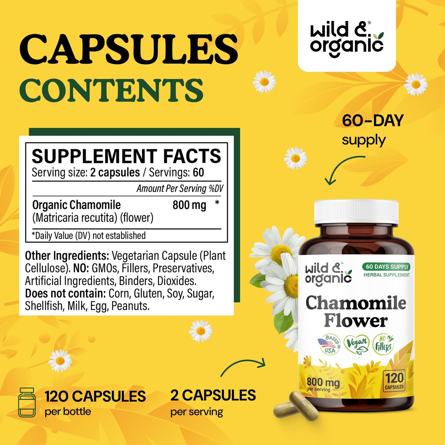 Wild & Organic Chamomile Capsules 800 mg 120 Count