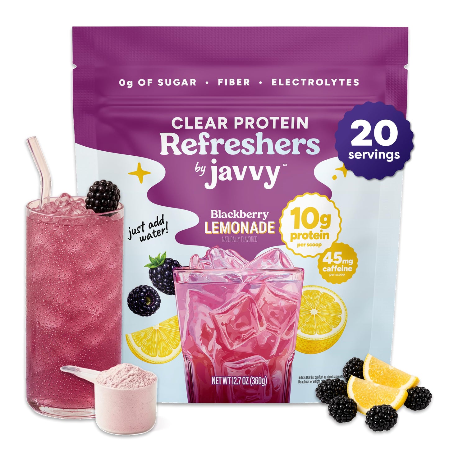 Javvy Clear Protein Powder with Clear Whey Protein Blackberry Lemonade 12.7 oz
