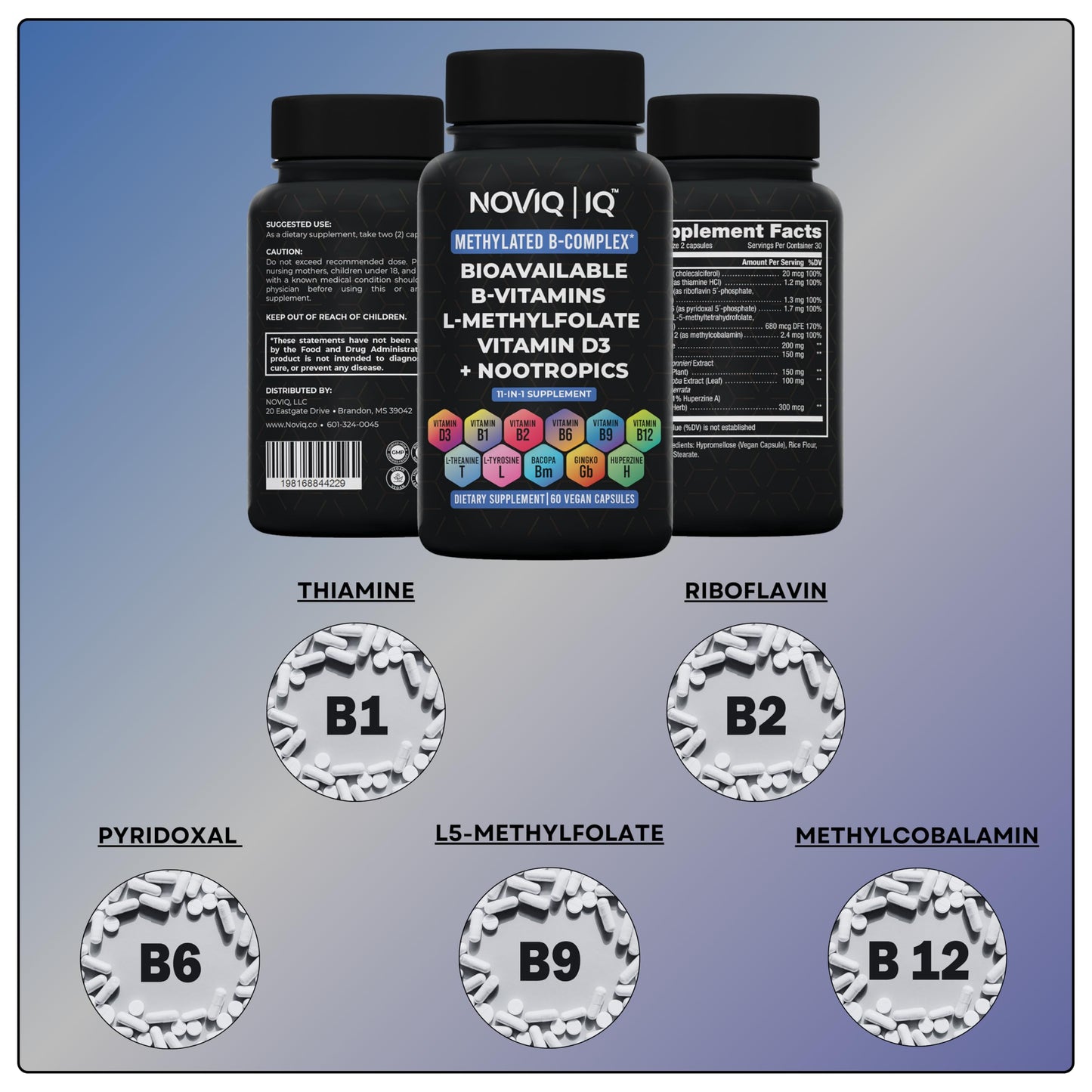 NOVIQ 11-in-1 Methylated B-Complex Supplement Capsules, 60 Count
