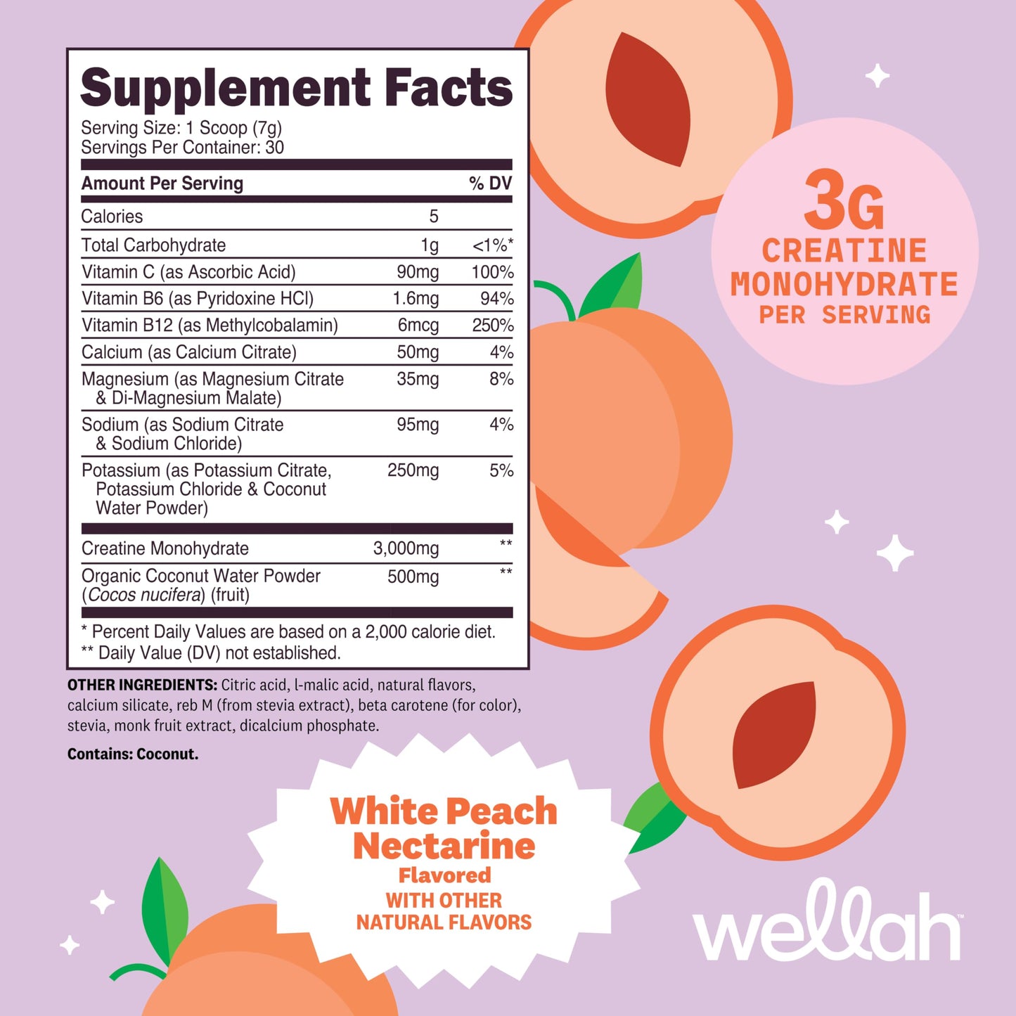 Wellah Creatine + Electrolytes Powder (White Peach Nectarine), 7.3 Ounce