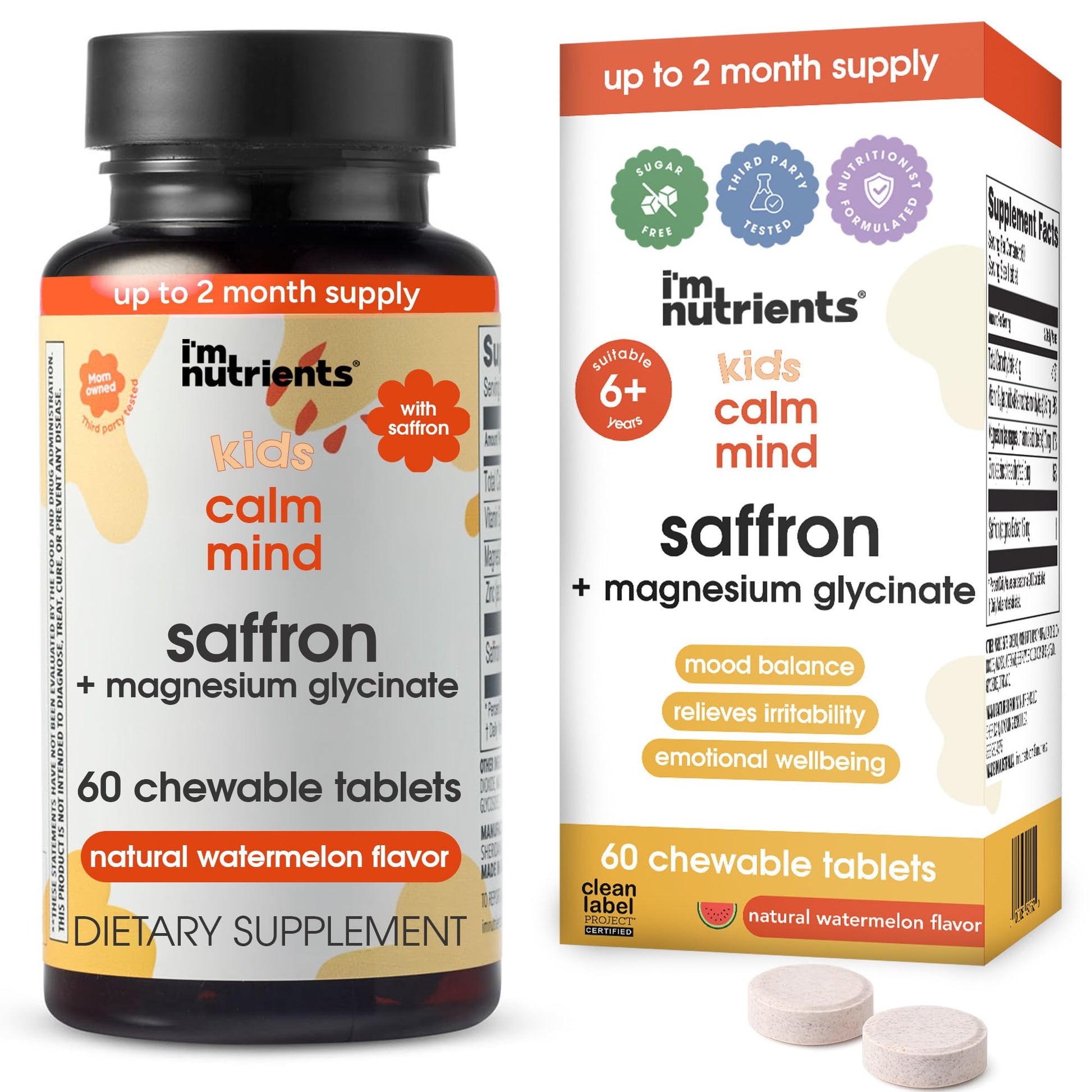 I'm Nutrients Calm Mind Saffron & Magnesium for Kids Chewable Tablets, 60 Tablets
