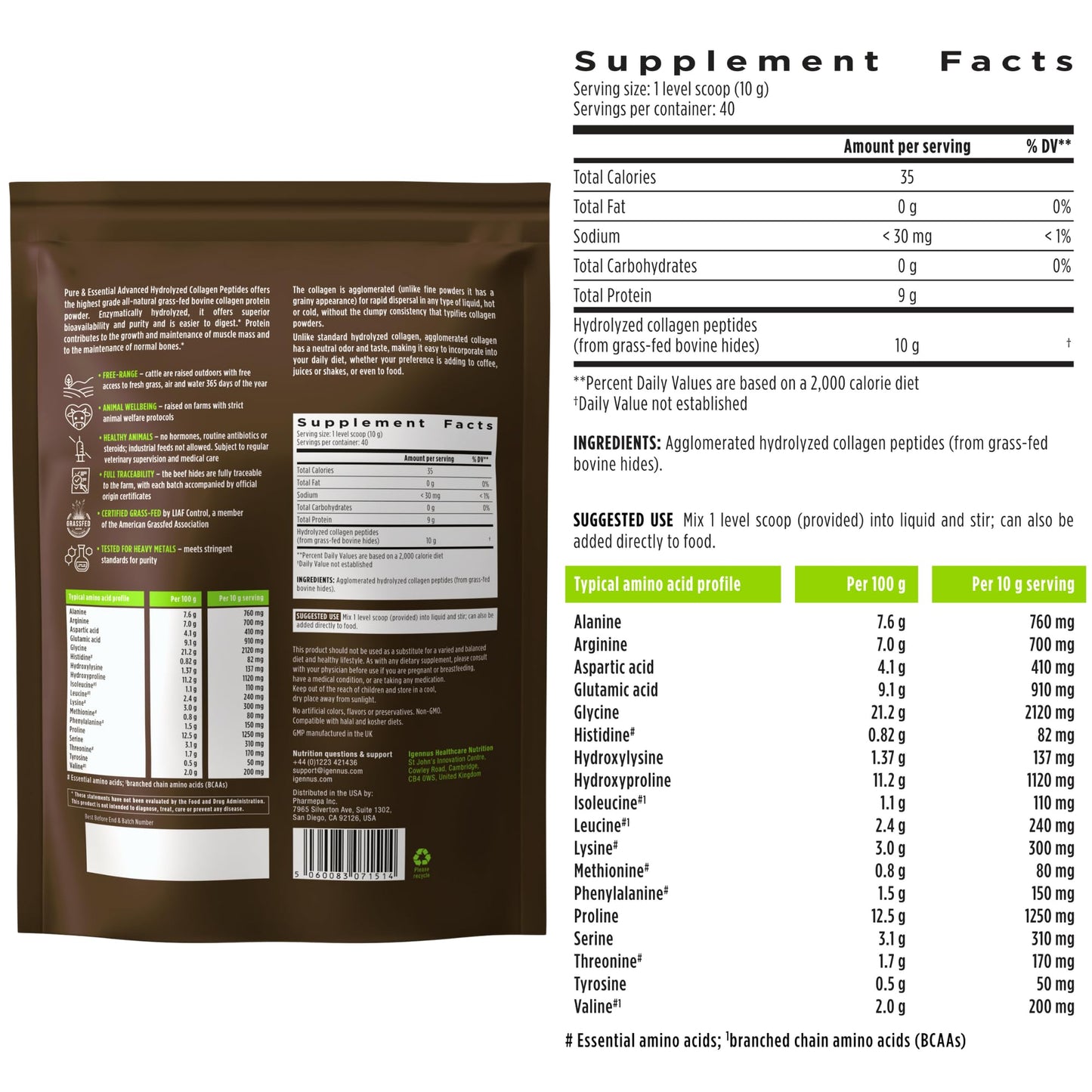 Igennus Healthcare Nutrition Free Range Grass Fed Hydrolyzed Bovine Collagen Peptides Powder, 14.1 oz