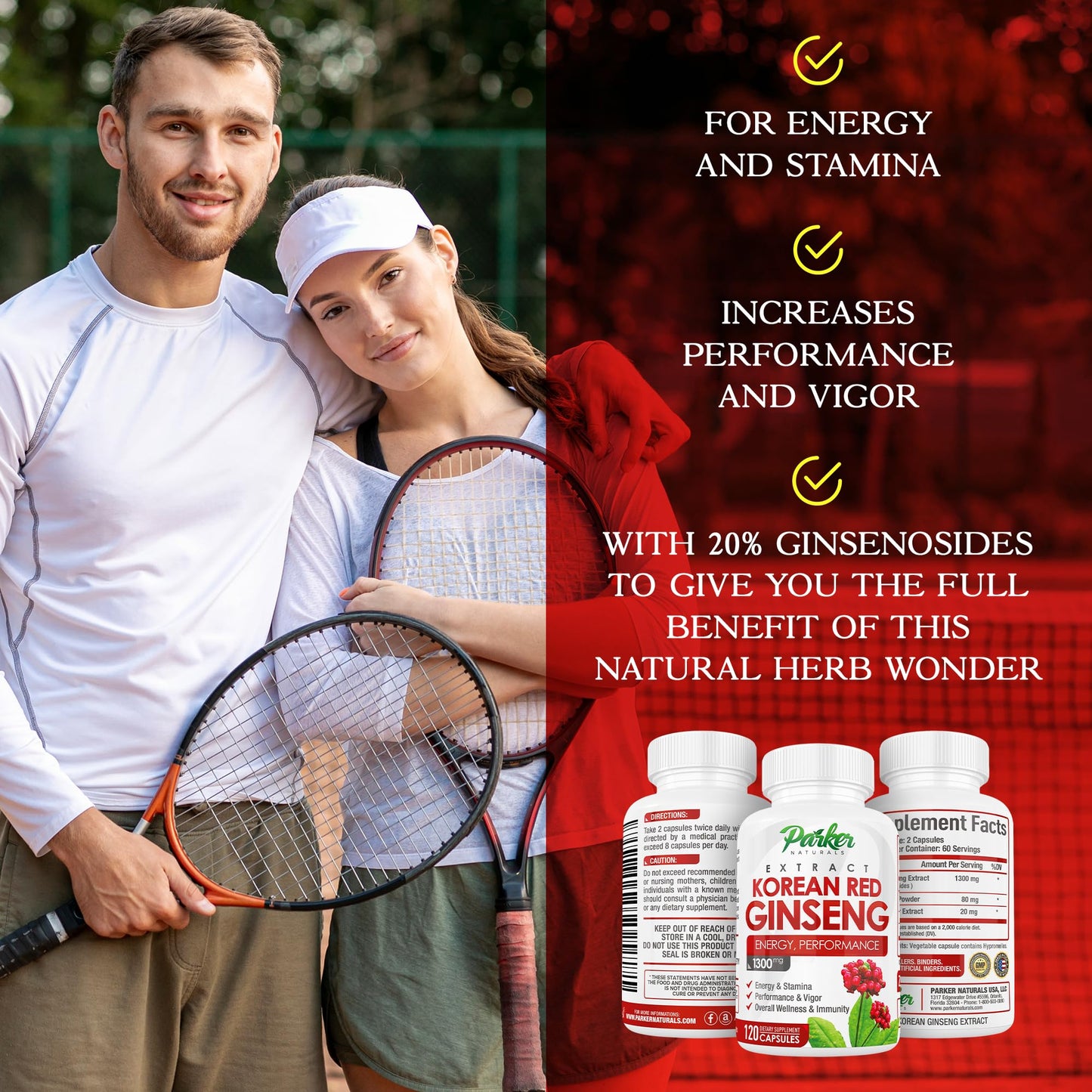Parker Naturals Korean Red Ginseng Extract 1300mg with Ginger Root and Black Pepper, 20% Ginsenosides Red Panax Ginseng Supplement, Capsules, 120 Count