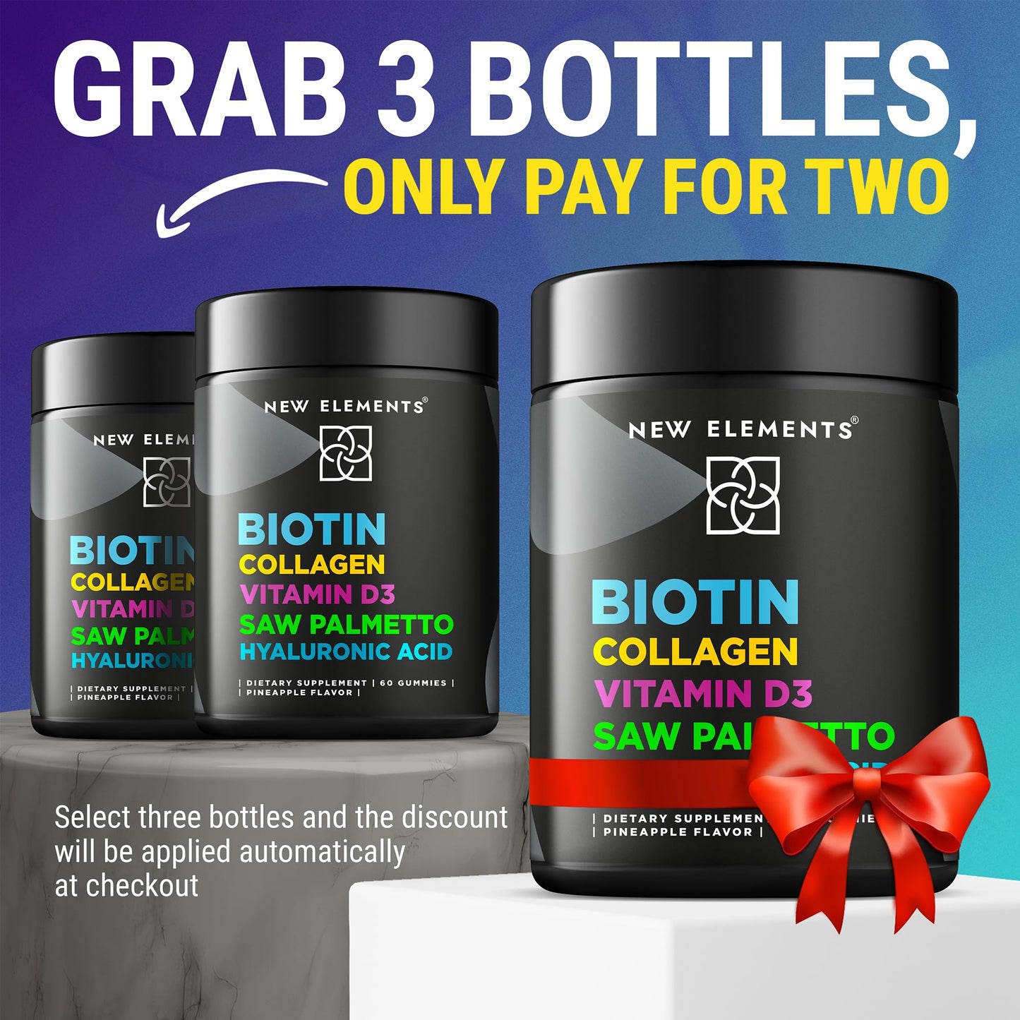 New Elements Biotin Gummies with Collagen Vitamin D3 Saw Palmetto & Hyaluronic Acid, 60 Count