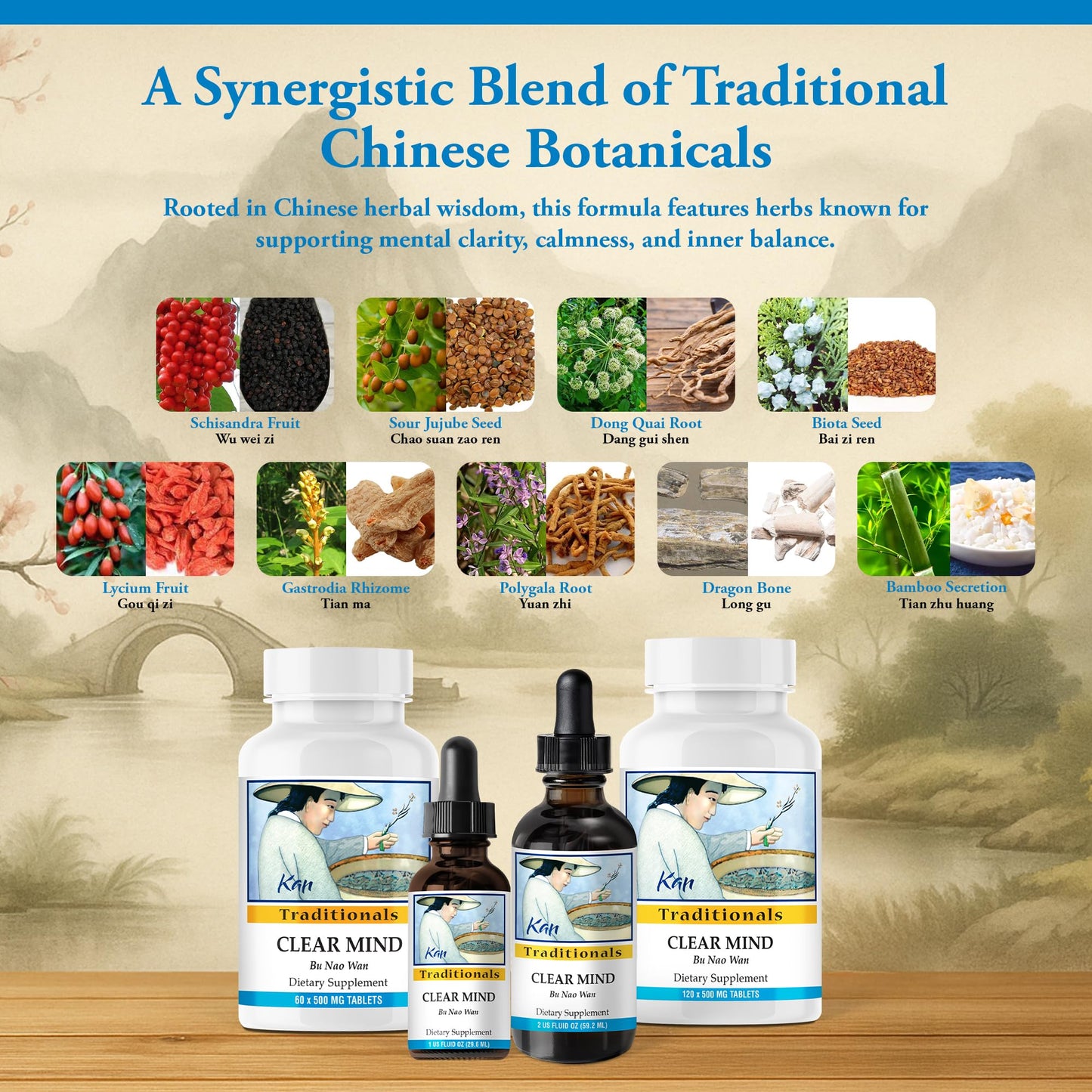 Kan Herbs Clear Mind Formula – Traditional Chinese Herbal Blend for Cognitive Clarity and Spirit Support, Nourishes Heart Yin and Blood, Calms Shen Tablets, 60 Count