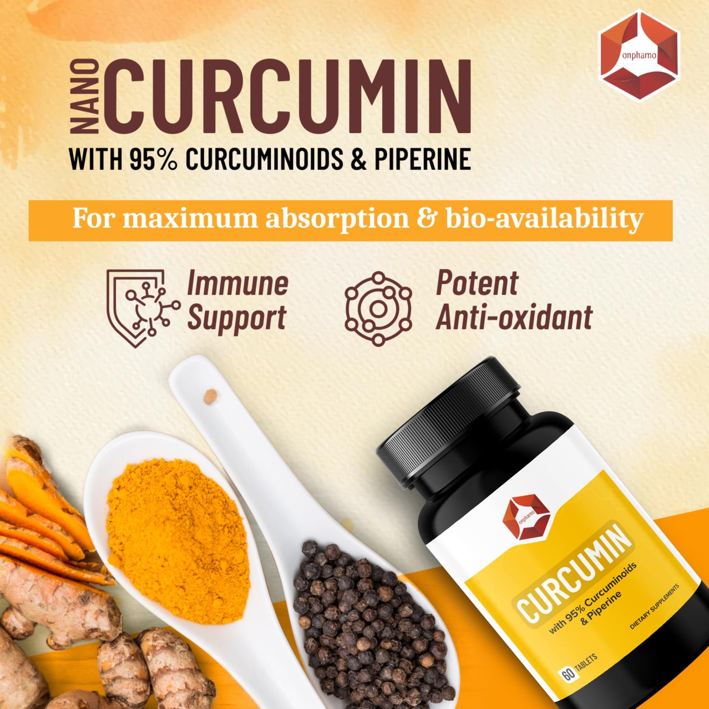 Onpharno Curcumin Tablets with 95% Curcuminoids & Piperine Turmeric Extract with Black Pepper Non-GMO, 60 Tablets