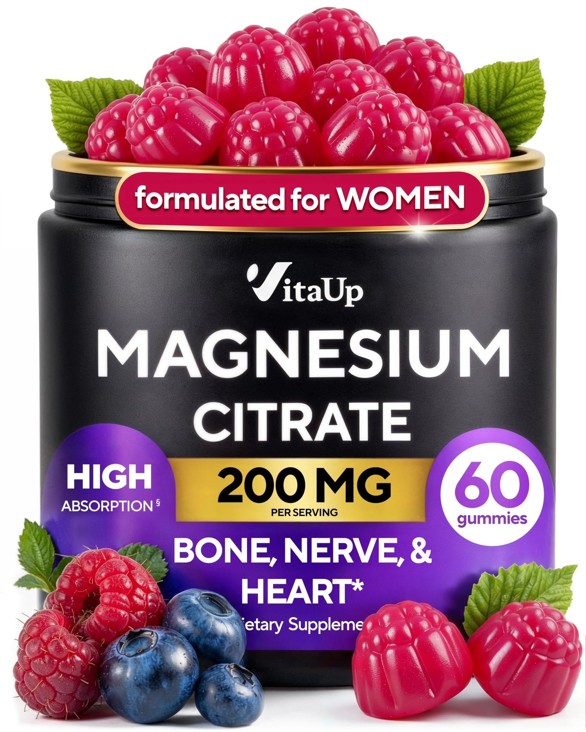VitaUp Magnesium Gummies for Women 200 mg – High Absorption Magnesium Citrate – Chewable Supplement for Adults to Support Normal Nerve, Bone & Heart Function – Vegan Chews, 60 Gummies