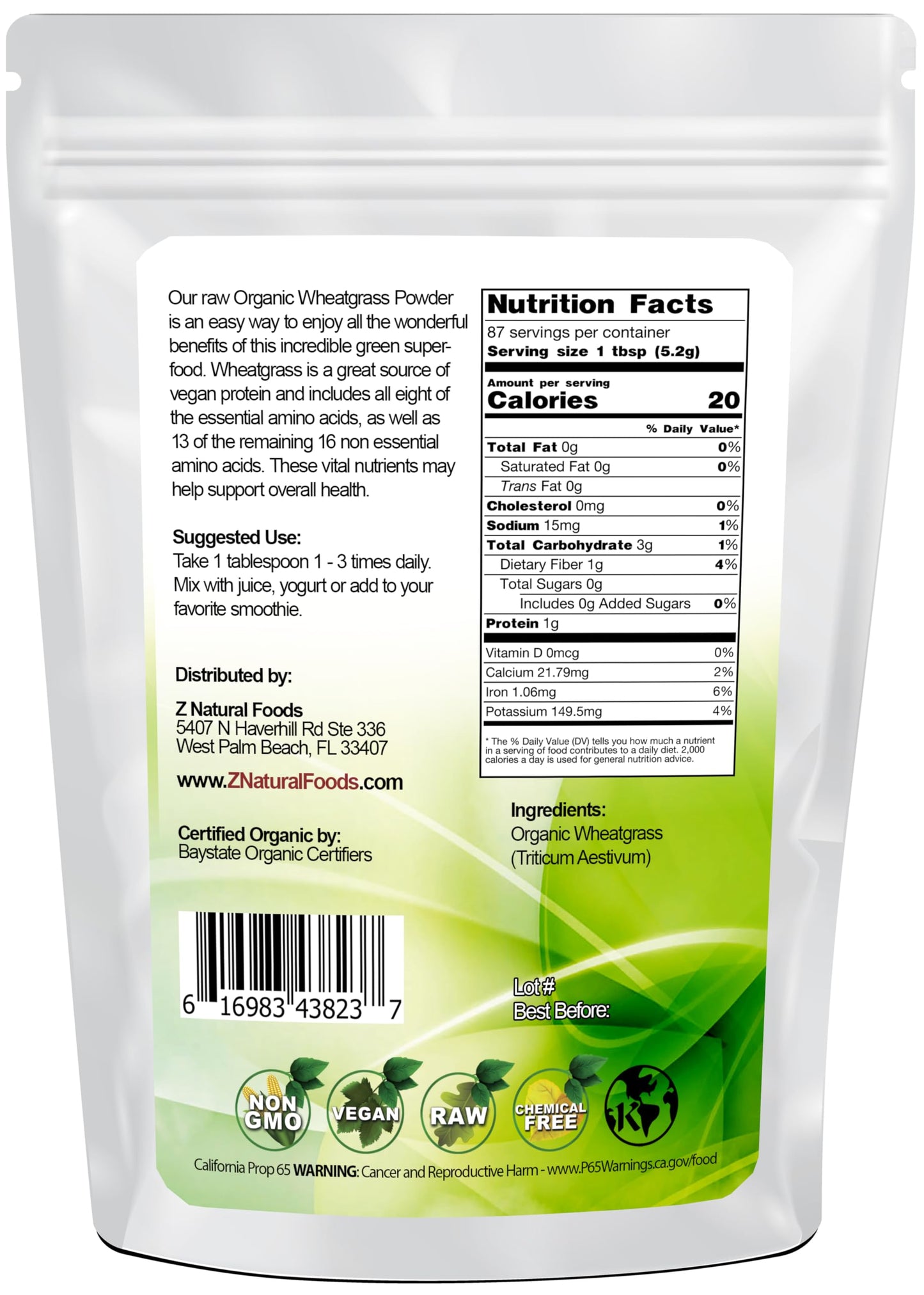 Z Natural Foods Organic Wheatgrass Powder, 16 oz