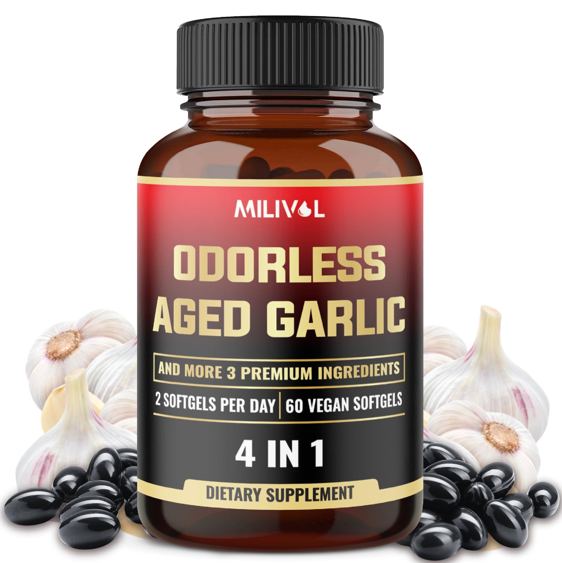 MILIVOL Aged Garlic Softgels with Garlic Extract, Ginger Root, Turmeric Root, and Black Pepper, 60 Softgels